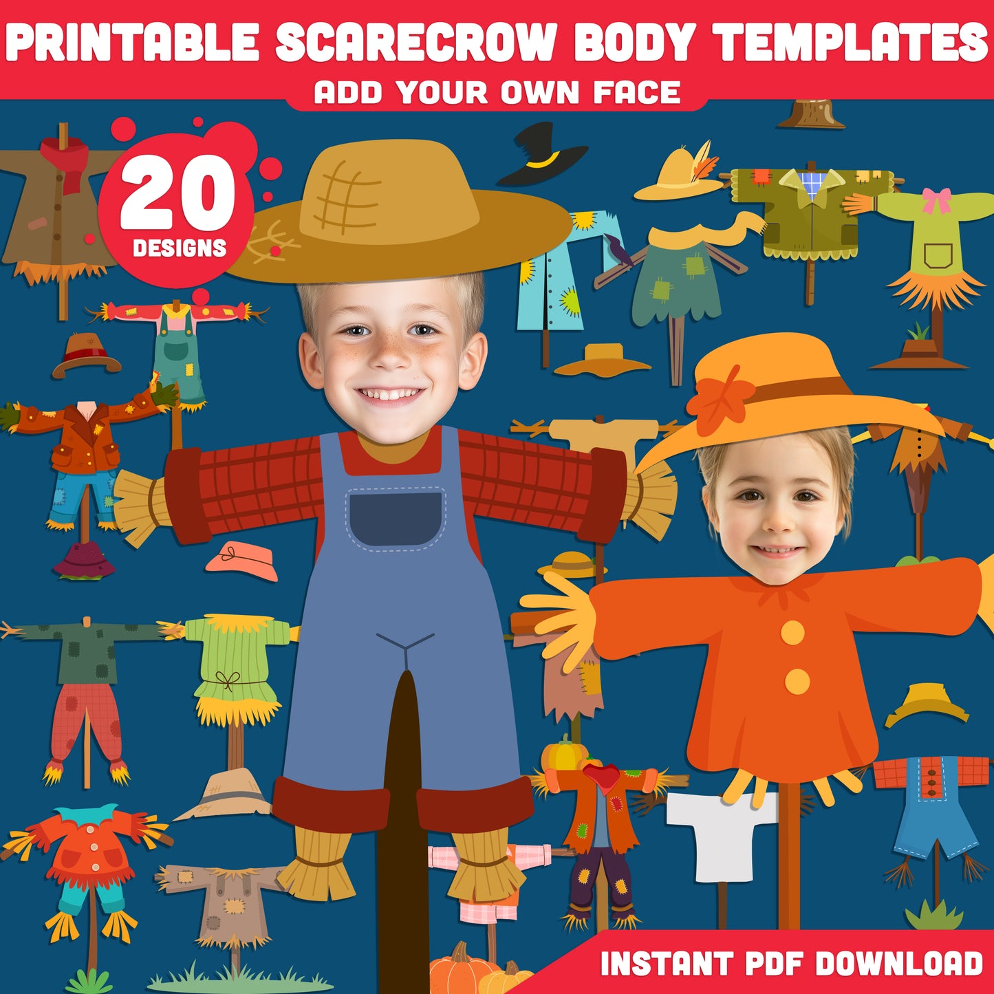 Printable Scarecrow Body Templates for Kids, 20 Unique Halloween Designs, 8.5x11, Cut & Paste Face Craft for Classroom, Homeschool, and Dramatic Play