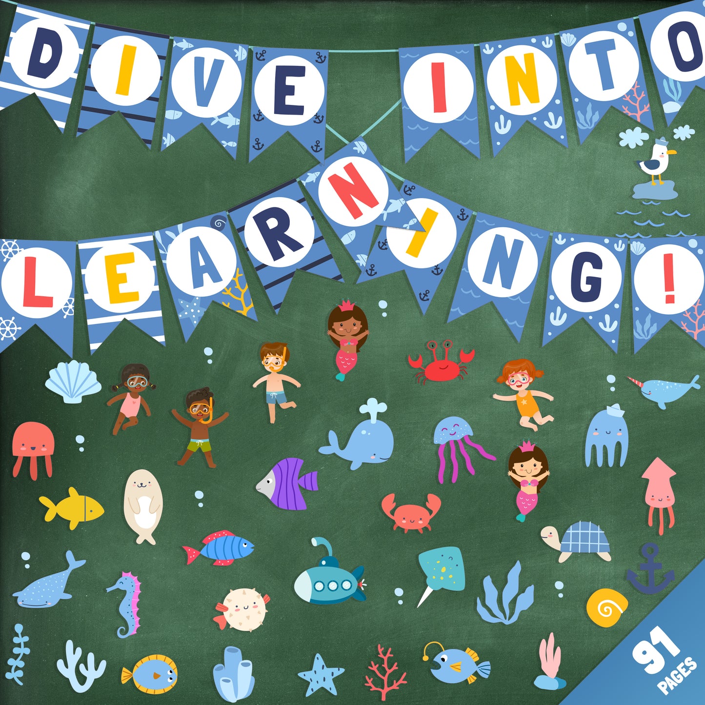 Editable Ocean Theme Classroom Decor, Ocean Animals & Under the Sea Bulletin Board Set for Class Door or Wall, 91+ Pages, Instant Download