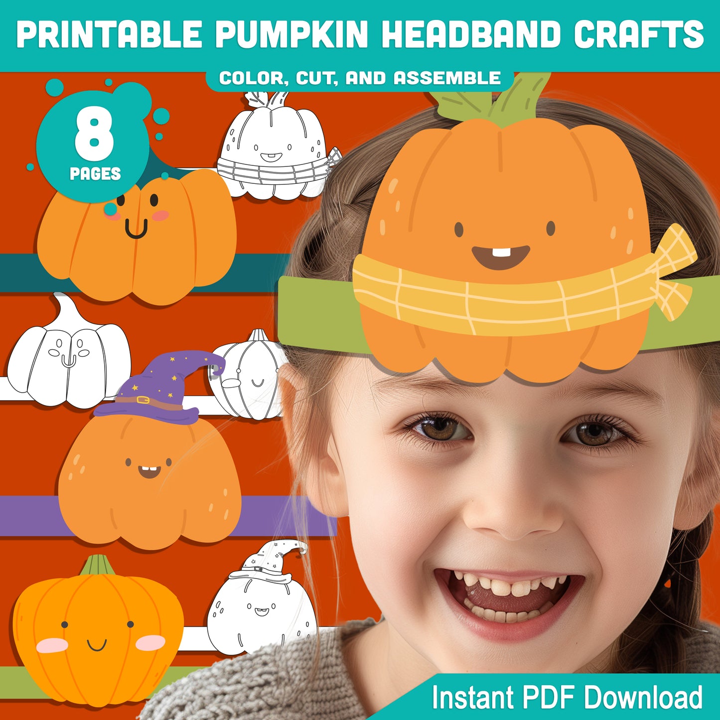 Printable Pumpkin Headband Crafts, Autumn Paper Crown and Hat Coloring Activity, Cut, Color & Wear for Kids, 5 Designs, Pre-colored + Black & White, PDF Download