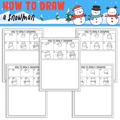 How To Draw a Snowman, Directed Drawing Step by Step Tutorial, Includes 5 Coloring Pages, PDF File, Instant Download
