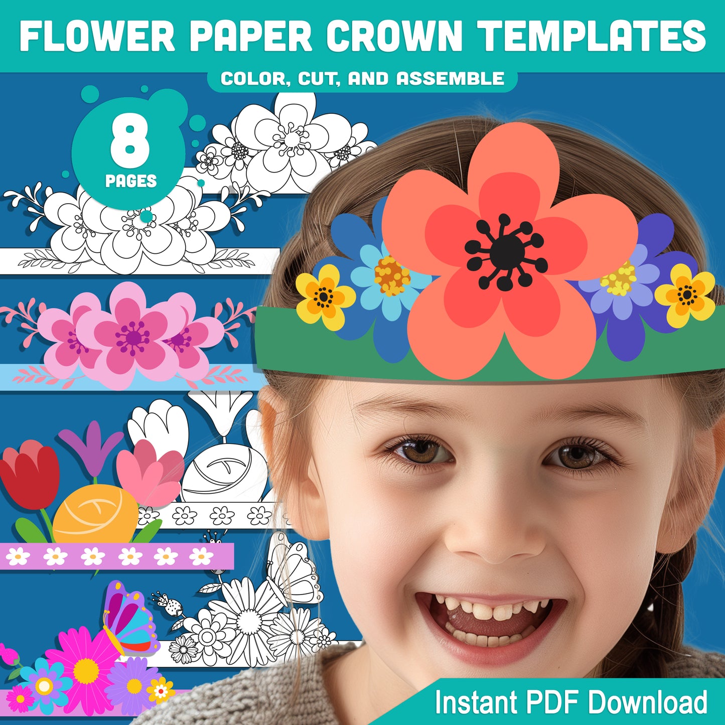 Spring Flower Paper Crown Templates: 4 Cute Hat Designs for Kids in Color and Black & White, Fun Printable Headbands, 8 Pages PDF