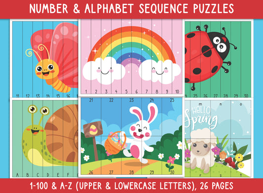 Spring Number and Alphabet Sequence Puzzles (Printable), 1-100 and A-Z (Upper & Lowercase Letters), for Toddler, Preschool, Kindergarten