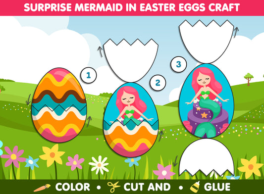 Surprise Mermaid in Easter Eggs Craft, Spring Activity, Color, Cut & Glue, Available in Color and Coloring Versions, Instant PDF Download