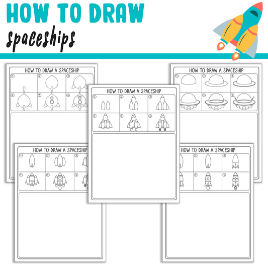Learn How to Draw Spaceships, Directed Drawing Step by Step Tutorial, Includes 5 Coloring Pages, PDF File, Instant Download