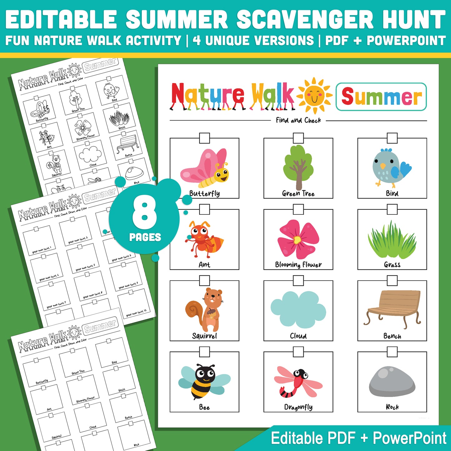 Editable Summer Nature Walk Scavenger Hunt – 4 Styles, PDF + PPT Included, Outdoor Printable for Kids, 8 Pages, Instant Download