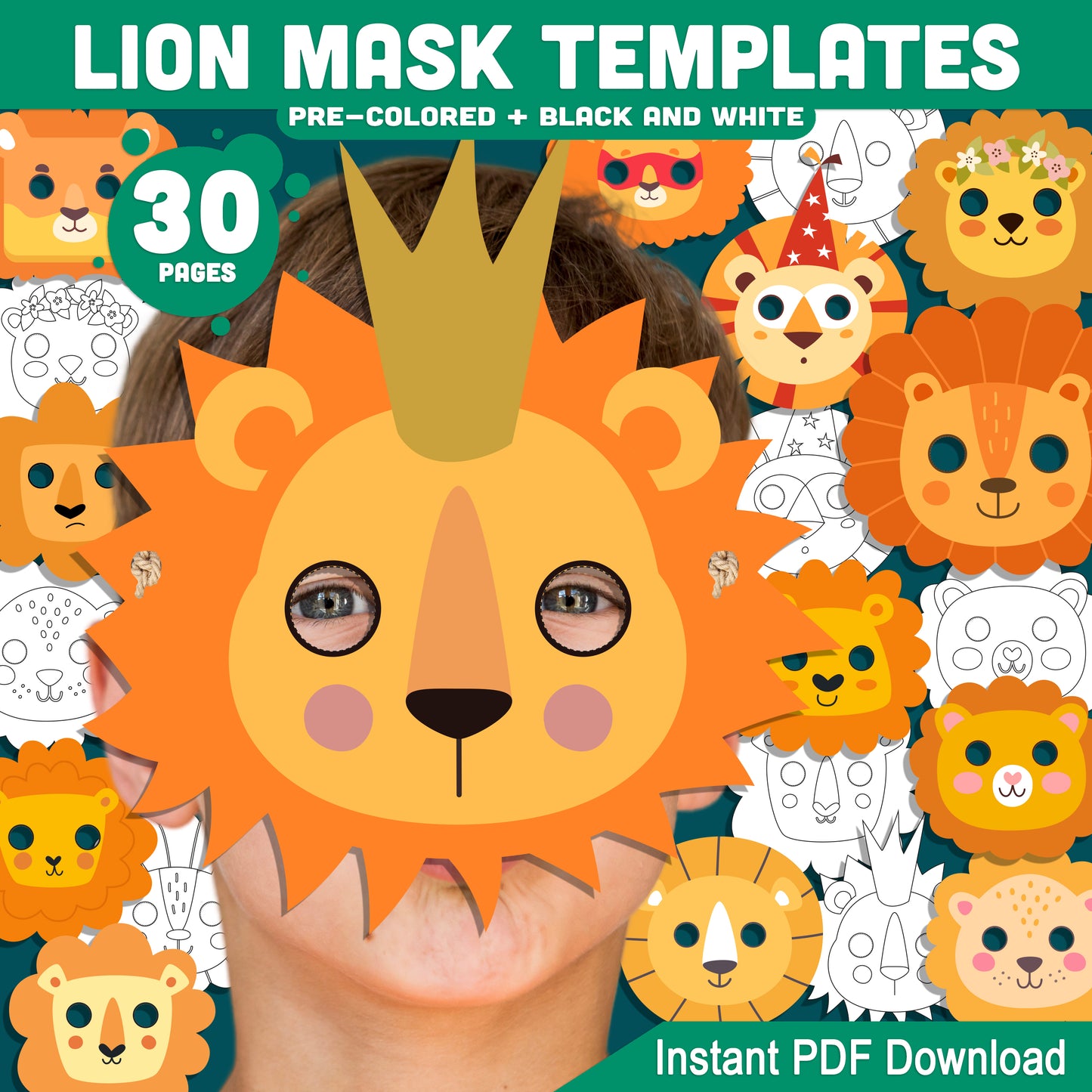 DIY Lion Mask Templates – Fun Printable Face Masks for Kids, Ideal for Birthday Parties, Costumes & Playtime, Black-and-White & Colored PDF, Instant Download