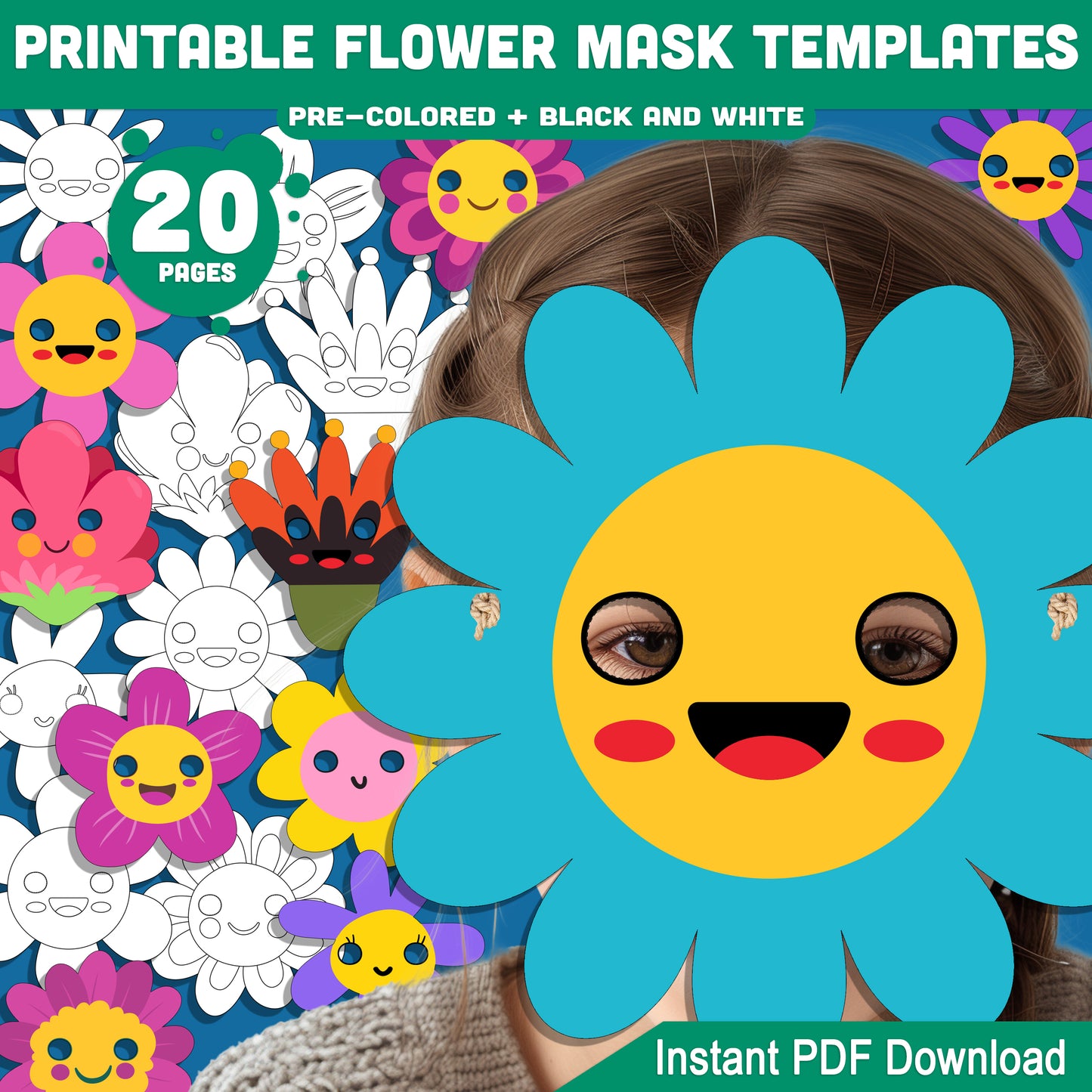 Flower Mask Printable Set: 20 Pages of DIY Spring Crafts for Kids, Pre-Colored + Black & White, Great for Costumes, Pretend Play, and Celebrations