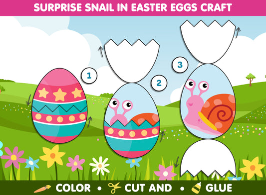 Surprise Snail in Easter Eggs Craft, Spring Fun Activity, Color, Cut & Glue, Available in Color and Coloring Versions, Instant PDF Download