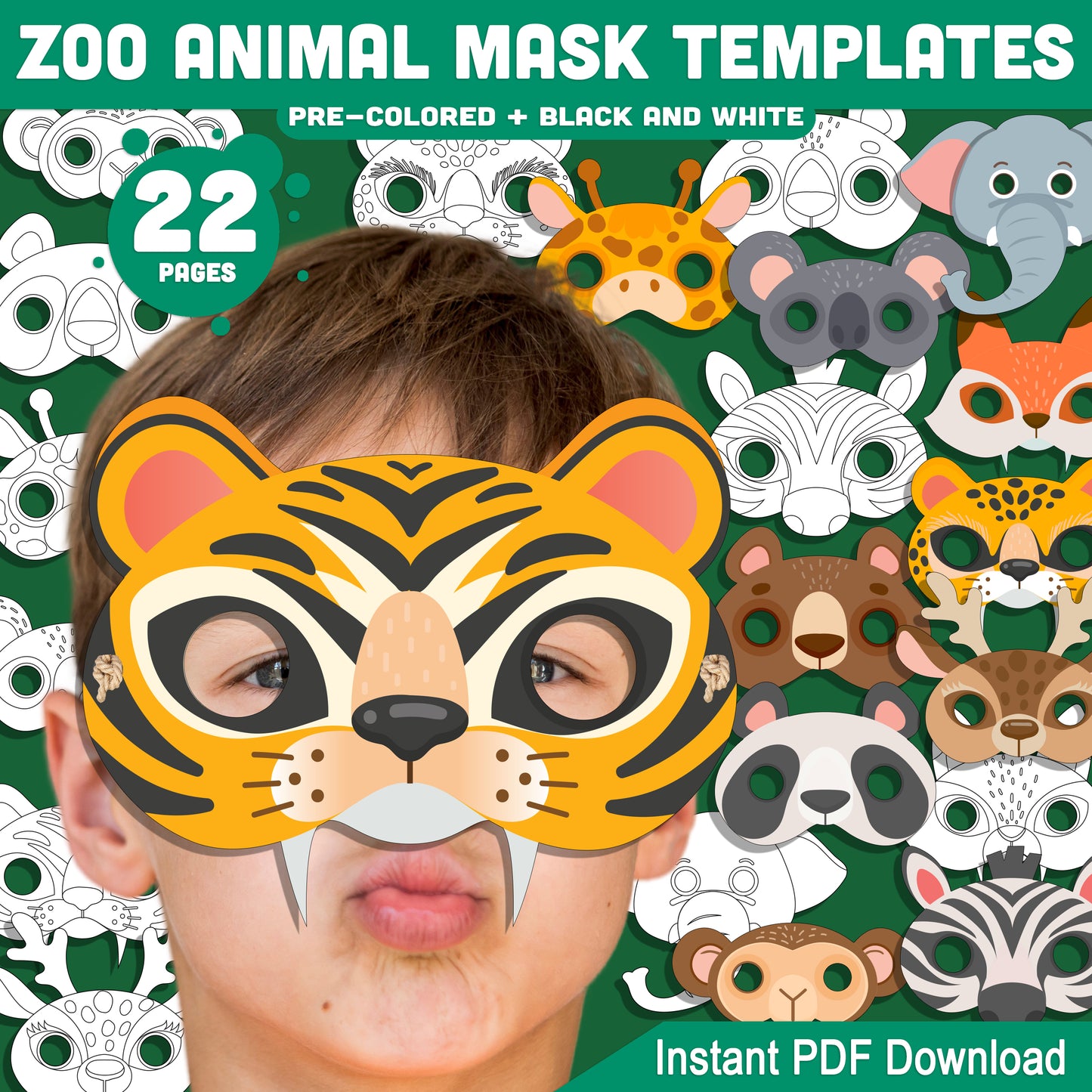 Zoo & Jungle Animal Mask Templates: 22 Fun Printable Masks for Kids, Pre-Colored + Black & White, Great for Parties & Pretend Play, Instant PDF Download