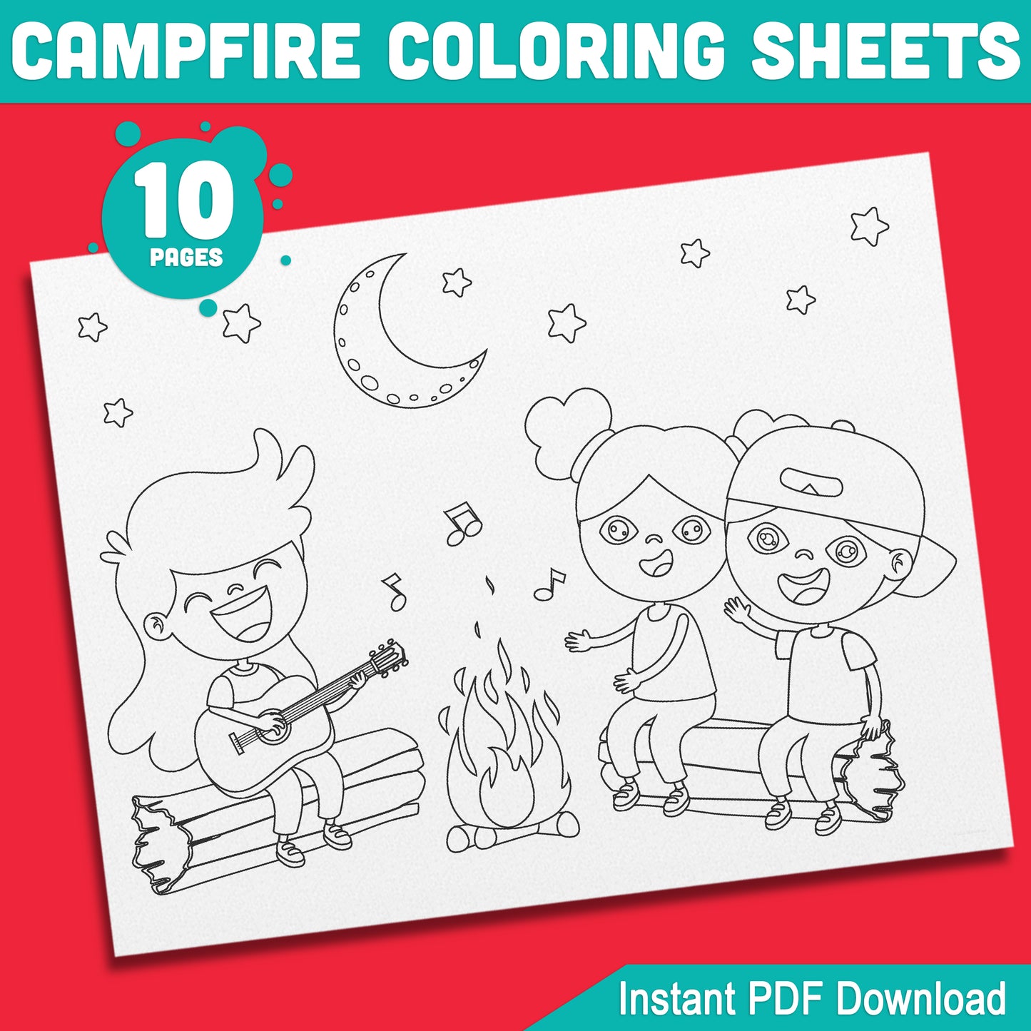 Campfire Coloring Sheets for Kids: 10 Printable Activities with Forest Scenes, Marshmallows, and Cozy Campfire Fun – Instant Download