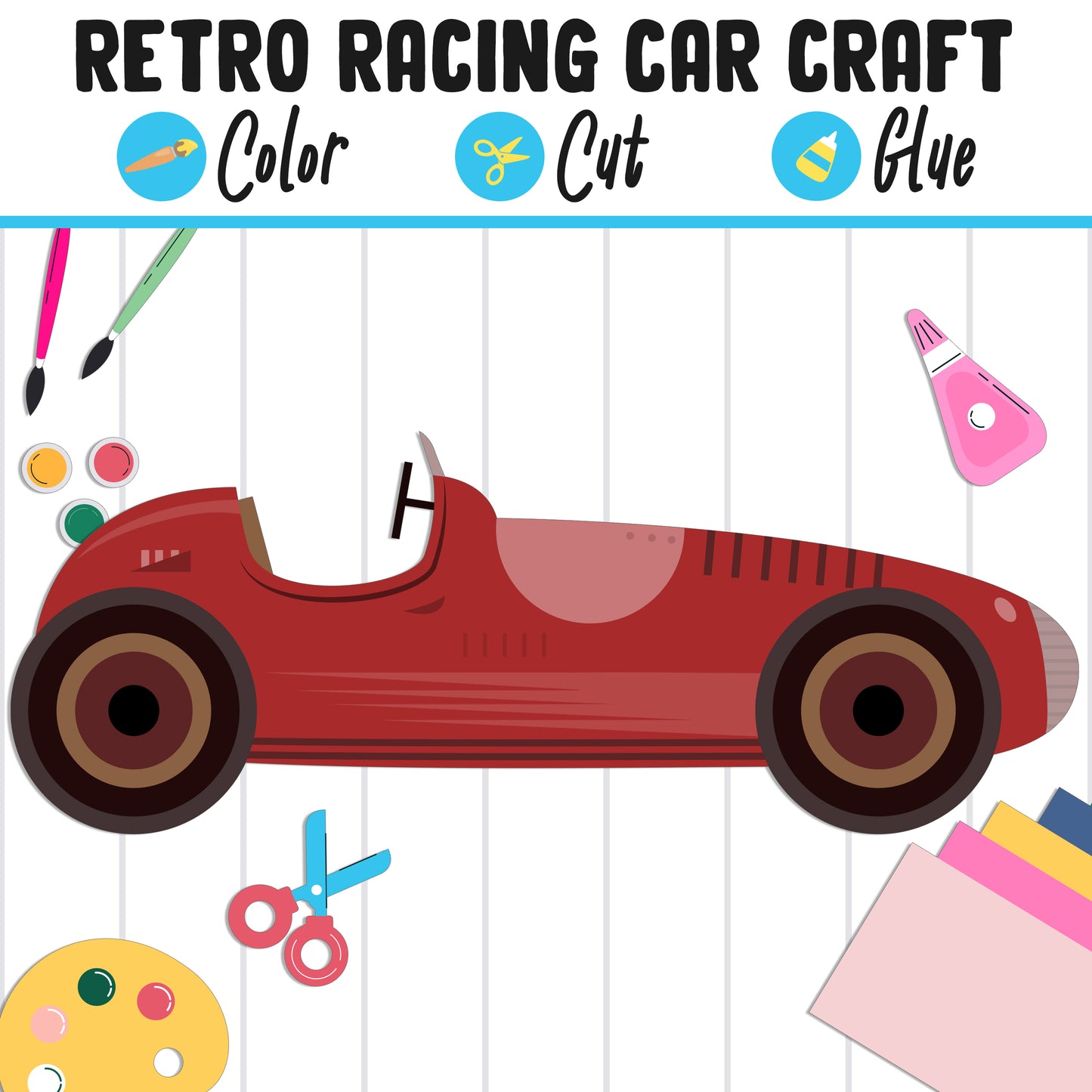 Retro Racing Car Craft Activity - Color, Cut, and Glue for PreK to 2nd Grade, PDF File, Instant Download
