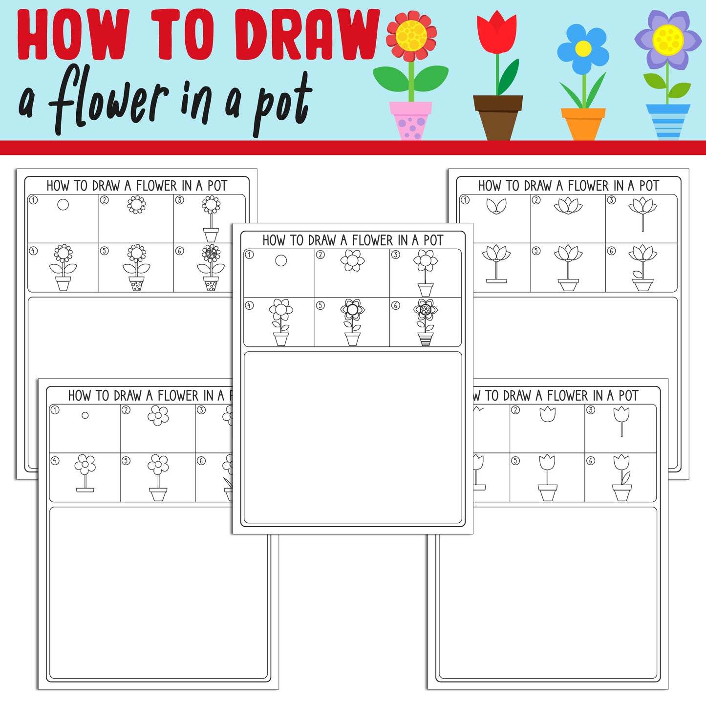 How to Draw a Flower in a Pot for Kids, Directed Drawing Step by Step Tutorial, Includes 5 Coloring Pages, PDF File, Instant Download