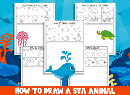 Learn How to Draw a Sea Animal (Whale, Shark, Dolphin, Jelly Fish, Sea Turtle), Directed Drawing Step by Step Tutorial + 5 Coloring Pages