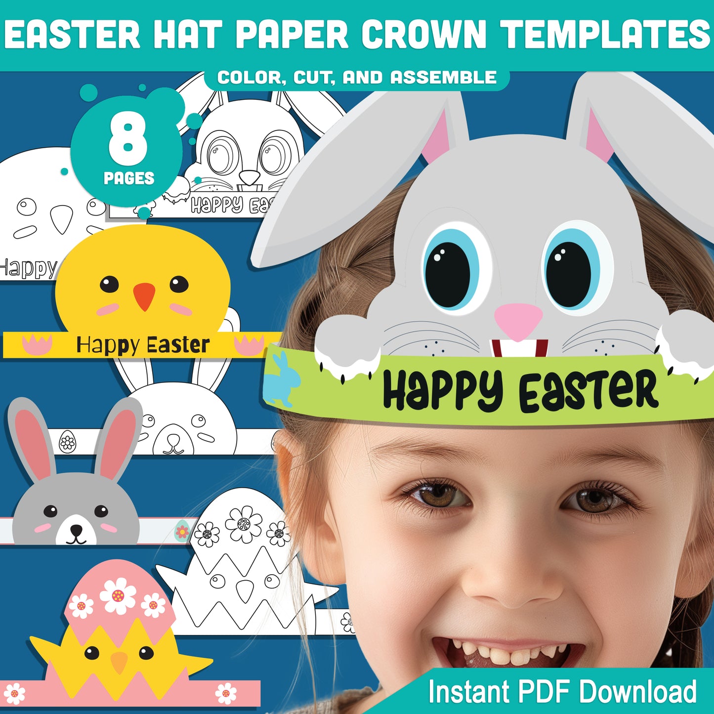 DIY Easter Hat Paper Crown, 8-Page Printable Kids Craft with 4 Fun Headband Designs, Bunny & Chick Theme, Pre-Colored & Coloring Options.
