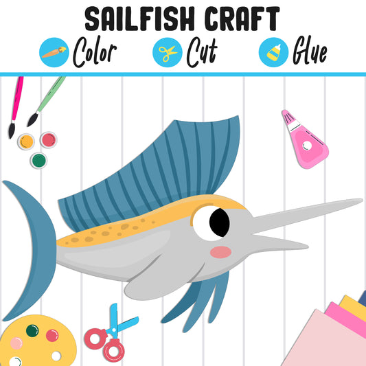 Cute Sailfish Craft Activity: Color, Cut, and Glue, Fun for PreK to 2nd Grade, PDF Instant Download