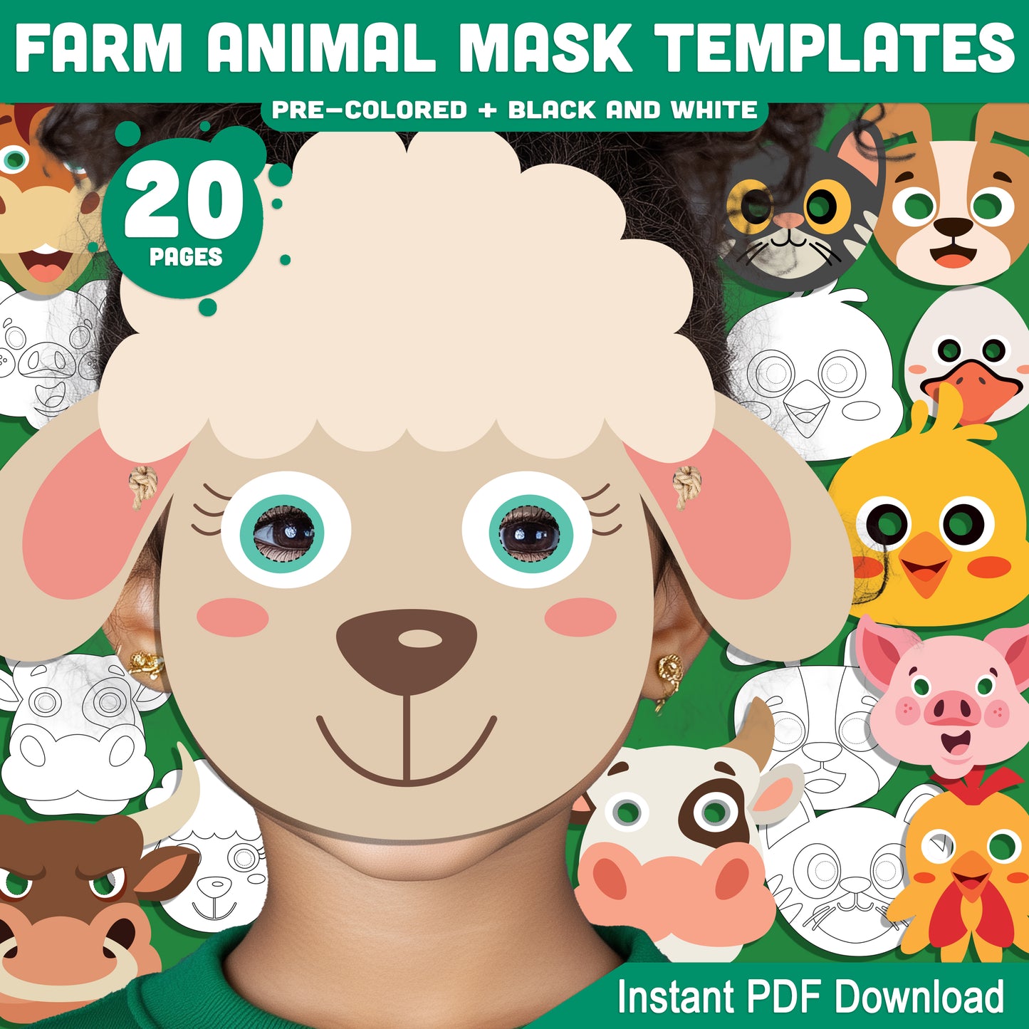 DIY Farm Animal Mask Templates: 20-Page Printable Craft Set, Pre-Colored & Black and White, Perfect for Kids' Costumes, Parties & Classrooms