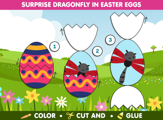 Surprise Dragonfly in Easter Eggs Craft, Spring Activity, Color, Cut & Glue, Available in Color and Coloring Versions, Instant PDF Download