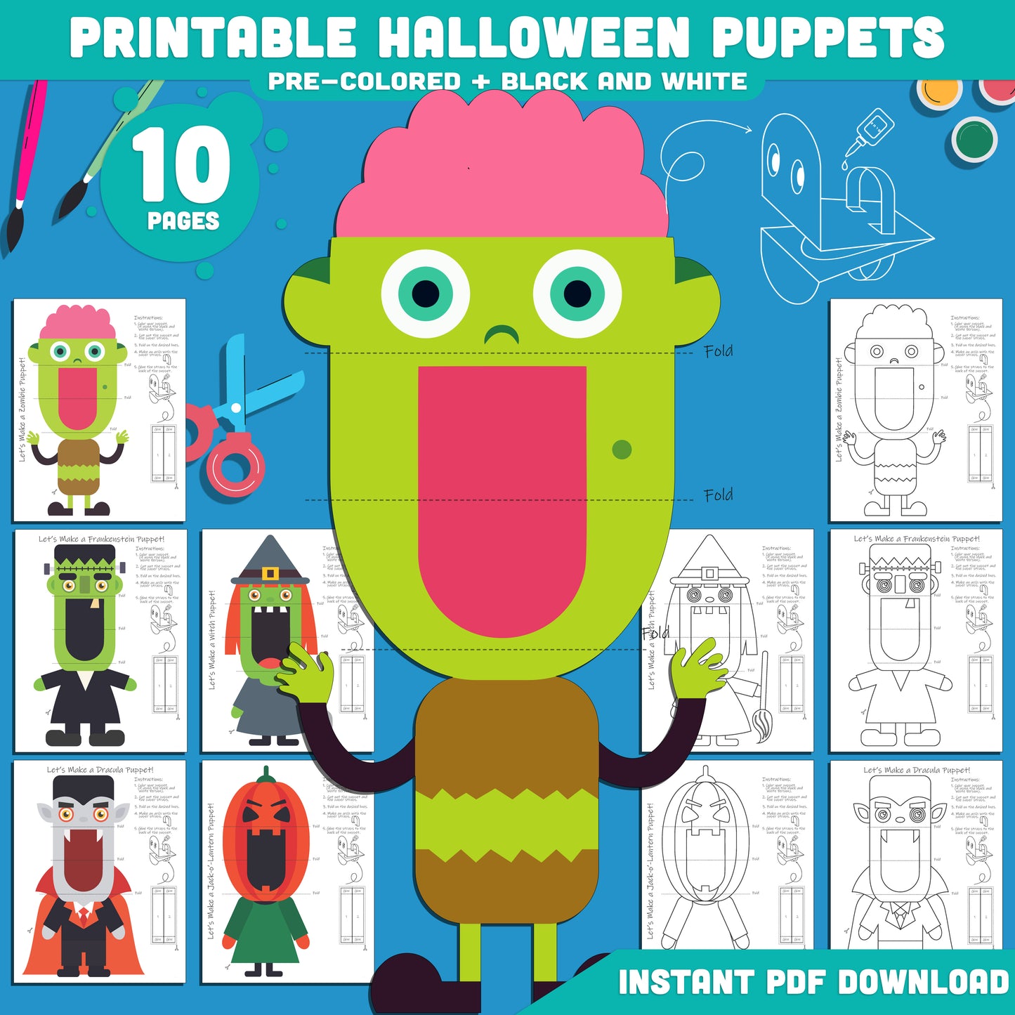 Printable Halloween Puppets: 10 Pages with 5 Pre-Colored + 5 Black and White Designs, Perfect for Spooky Classroom Fun & Halloween Party Crafts!