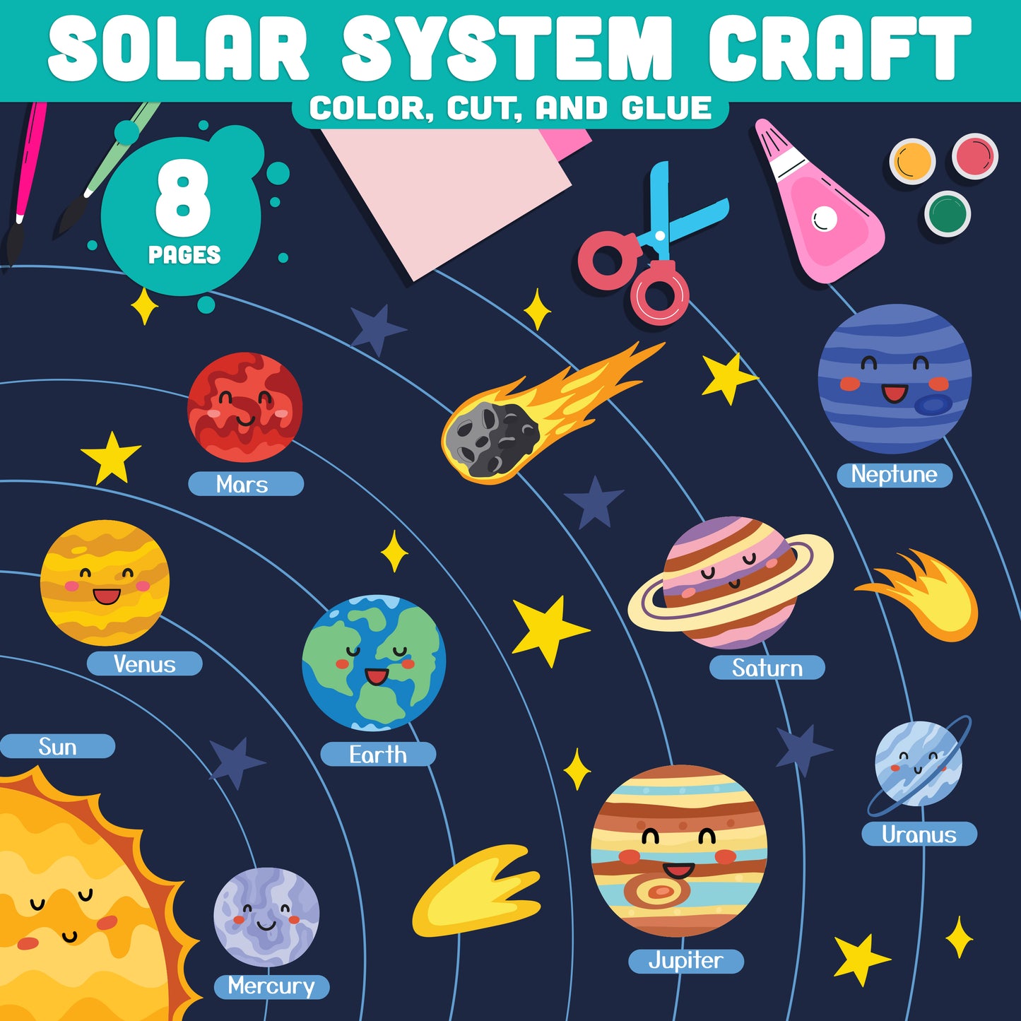 Solar System Printable Craft: 8 Pages of Cut, Color & Learn Fun, Includes Planet Name Writing Worksheets, Pre-Colored & Black & White, PDF Download