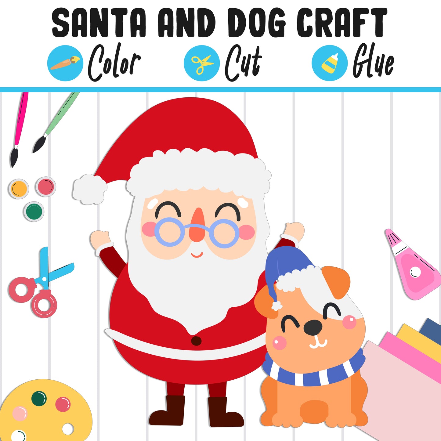 Santa Claus and Dog Craft Activity - Color, Cut, and Glue for PreK to 2nd Grade, PDF File, Instant Download