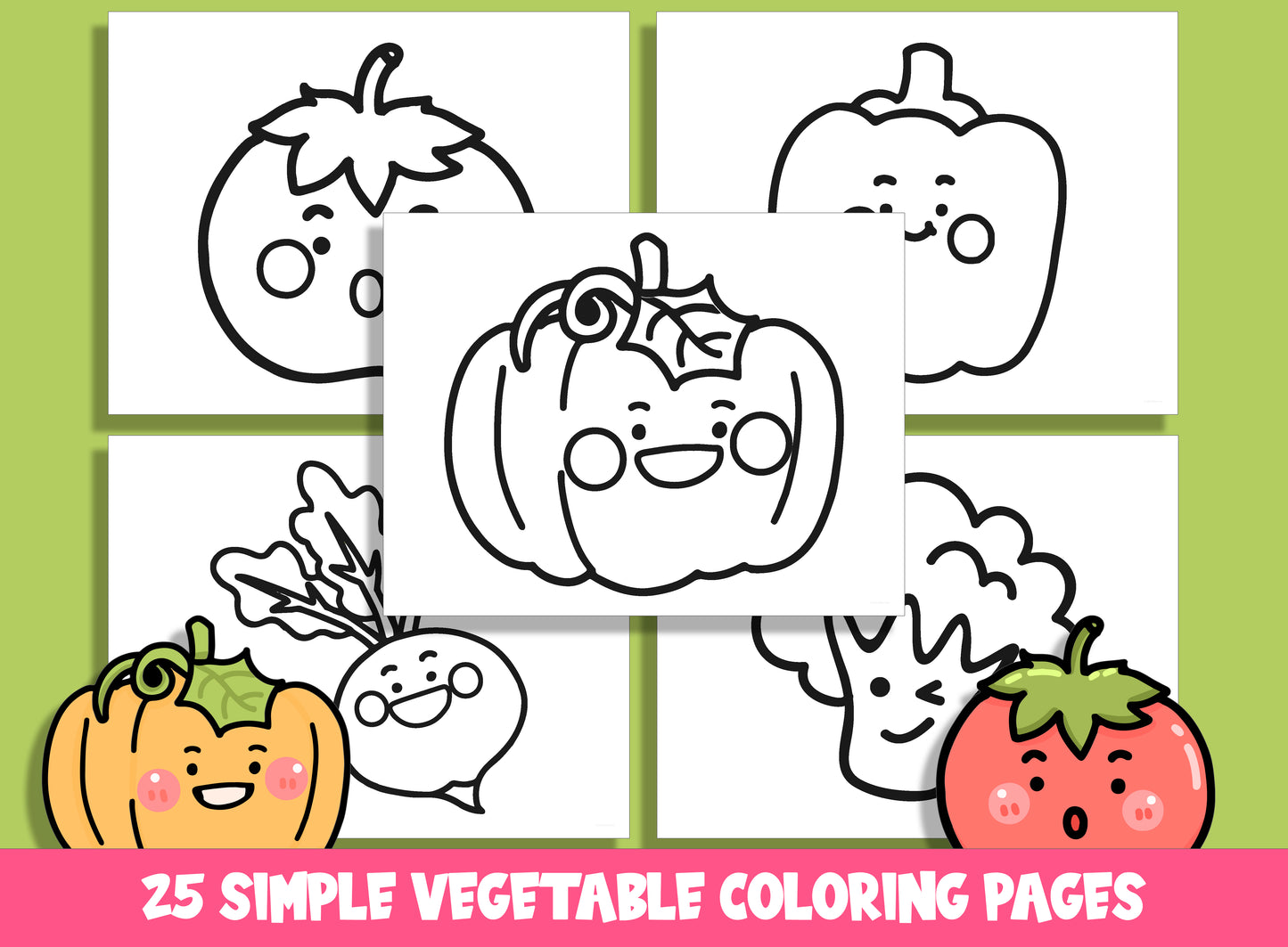 25 Cute Simple Vegetable Coloring Pages, Large Size, Thick Border, Perfect for Preschool & Kindergarten, PDF File, Instant Download