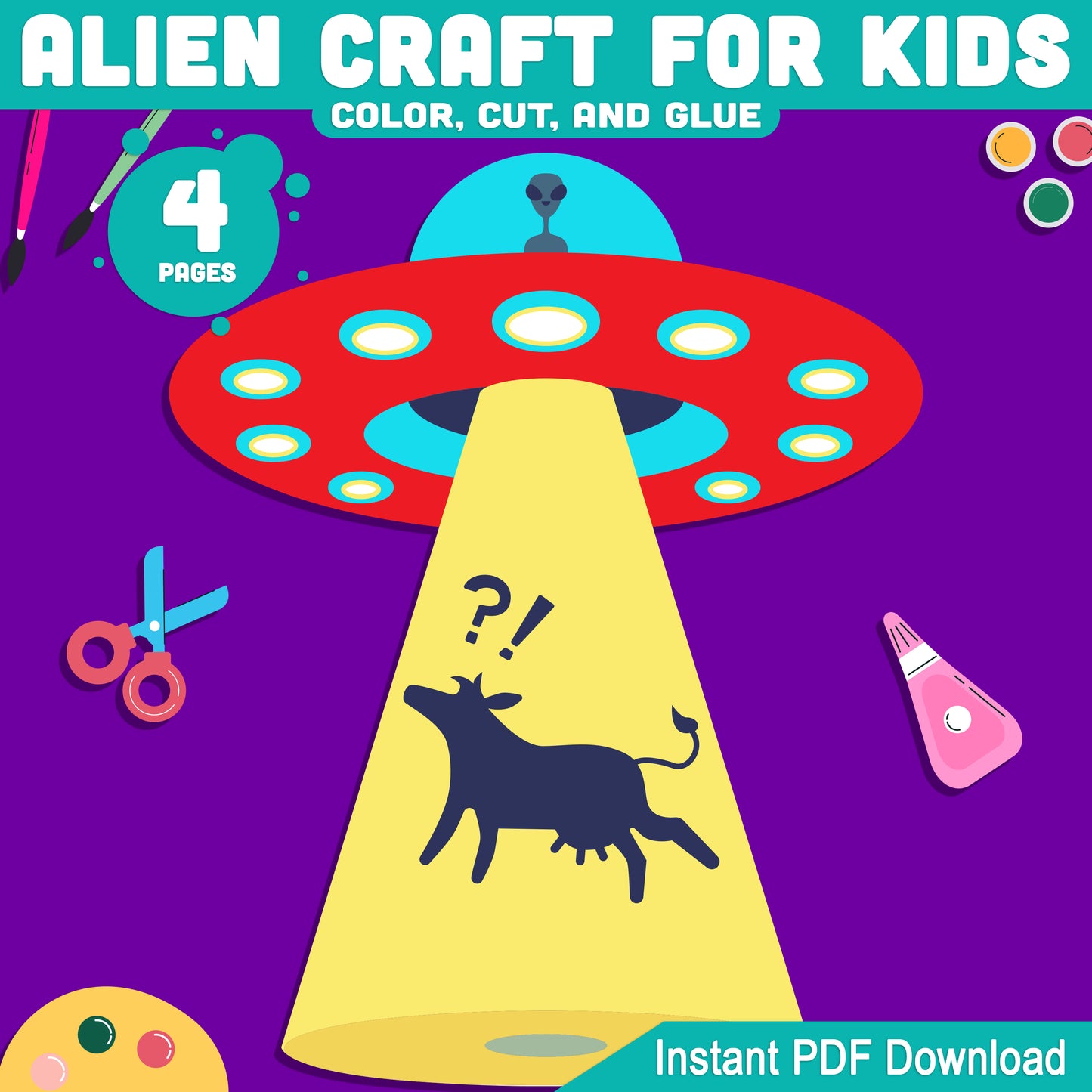 Alien Craft for Kids: Fun Printable Templates for Space-Themed Cut and Glue Activity, 4 Pages with Pre-Colored + Black & White