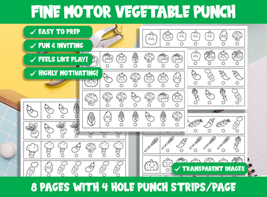 Fine Motor Vegetable Punch, Kids Hole Punch Activities for Task Boxes & Tubs, 8 Pages, 4 Strips/Page, PDF File, Instant Download.