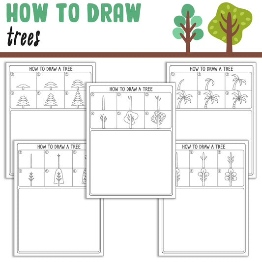 Learn How to Draw Trees, Directed Drawing Step by Step Tutorial, Includes 5 Coloring Pages, PDF File, Instant Download