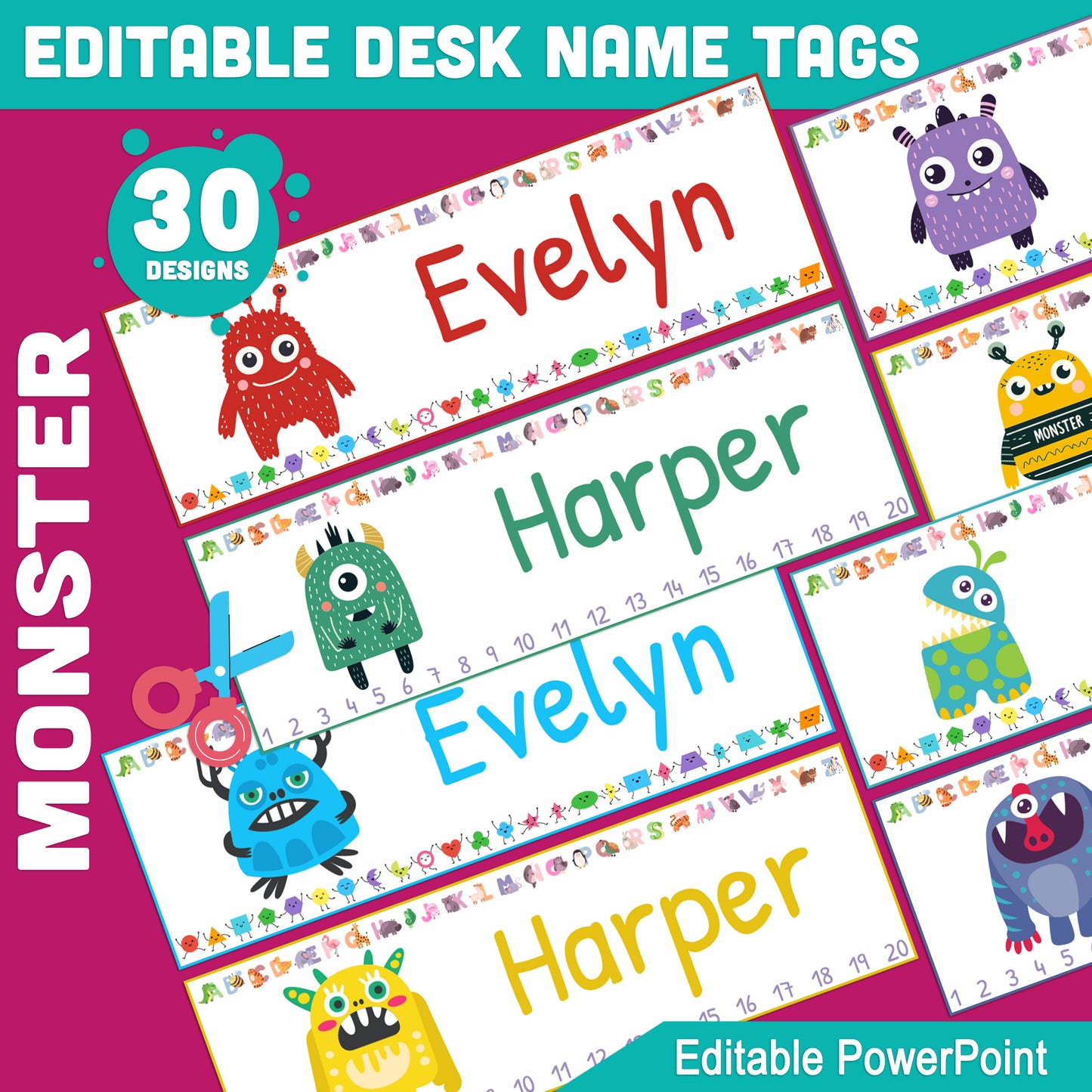 Editable Funny Monster Table Name Tags for Students – 30 Fun Designs with Alphabet, Shapes, and Numbers 1-20, 8.5"x11" Size, PDF Instant Download