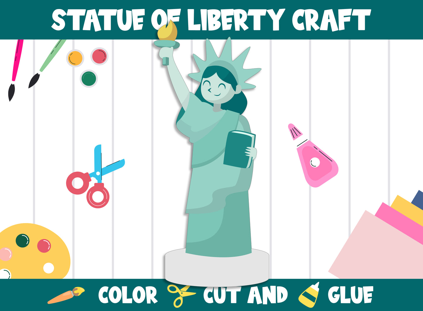 Statue of Liberty, Fourth of July Craft Activity - Color, Cut, and Glue for PreK to 2nd Grade, PDF File, Instant Download