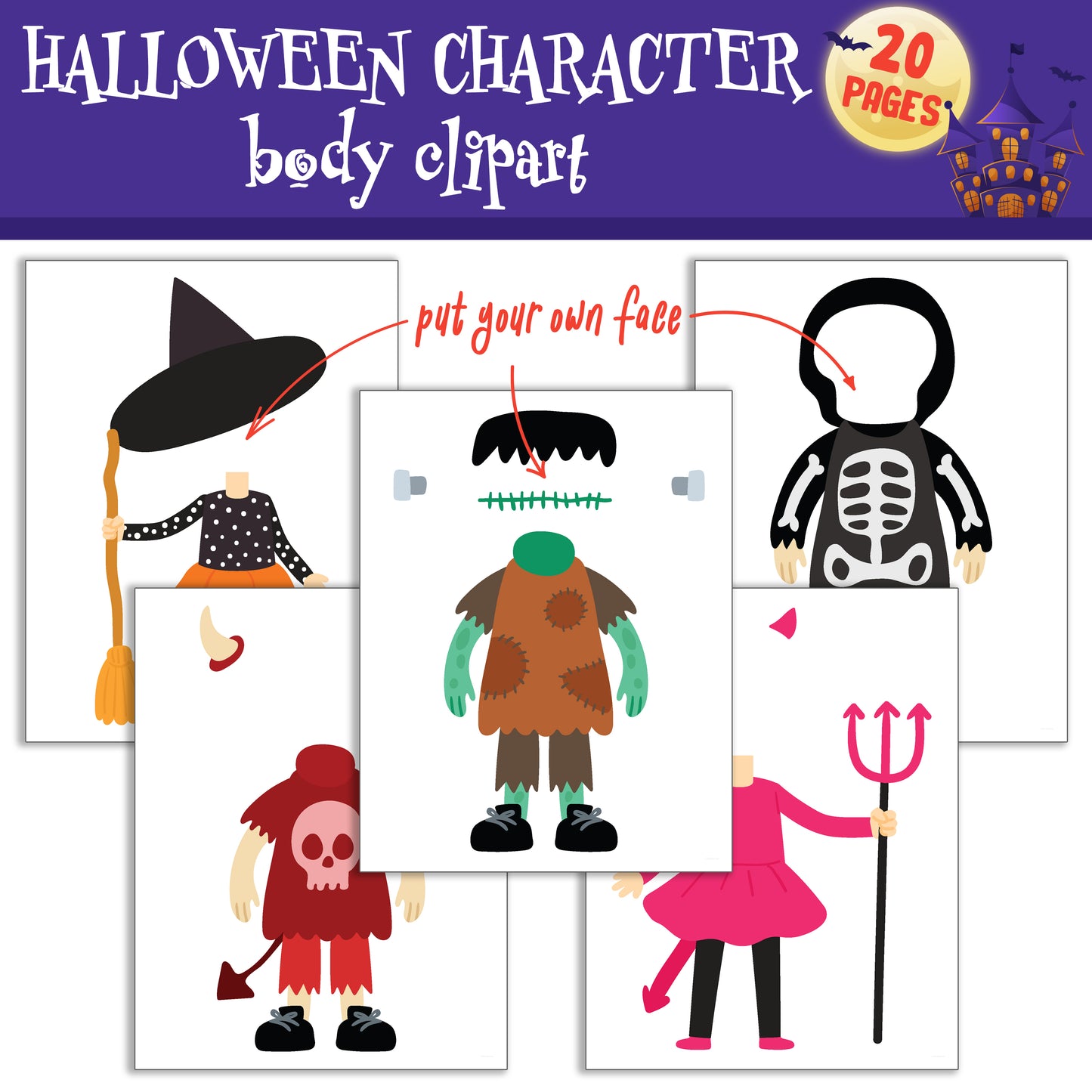 Spooky Halloween Character Body Clipart Set with Customizable Faces - 20 Pages, PDF, Instant Download for Kids (PreK to 6th Grade)