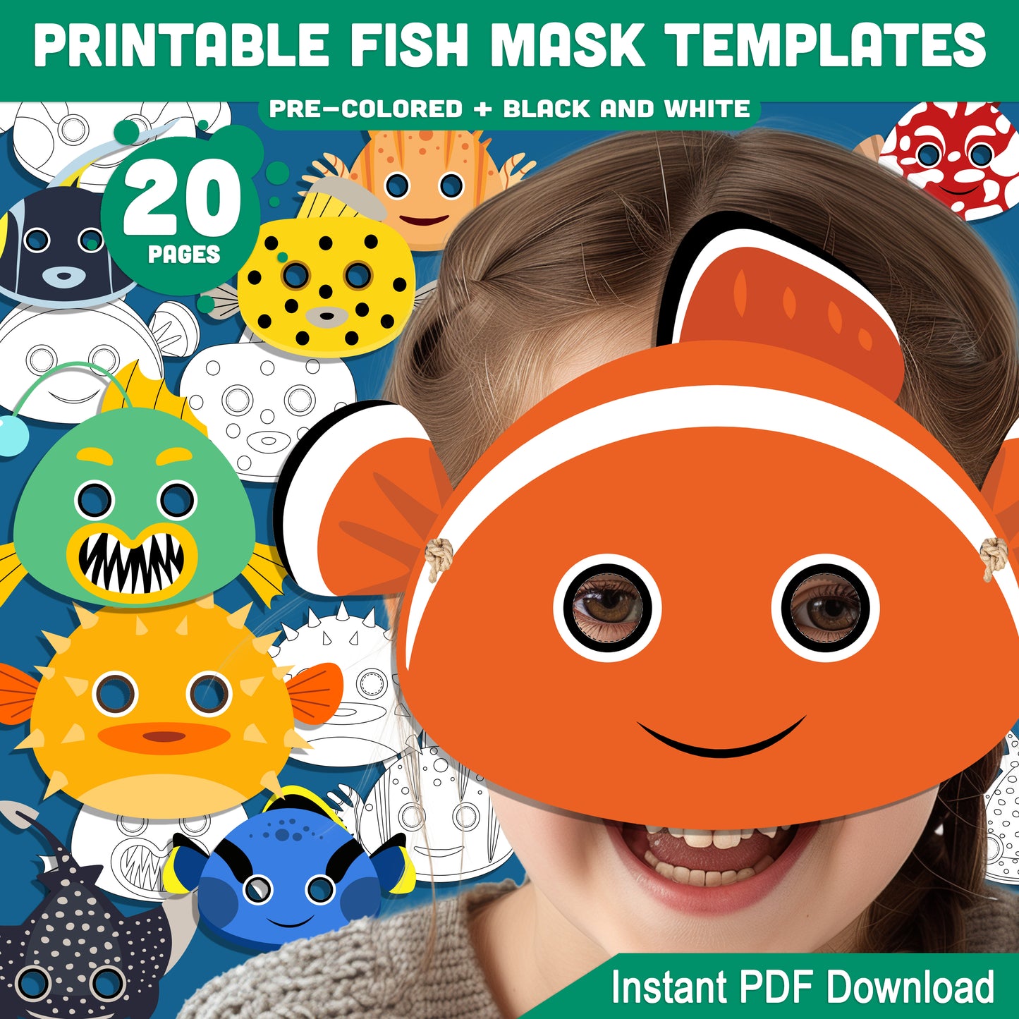 DIY Fish Mask Templates – Fun Printable Coloring Masks for Kids' Parties, Costumes & Activities, Pre-Colored & Black-and-White PDF for Instant Use