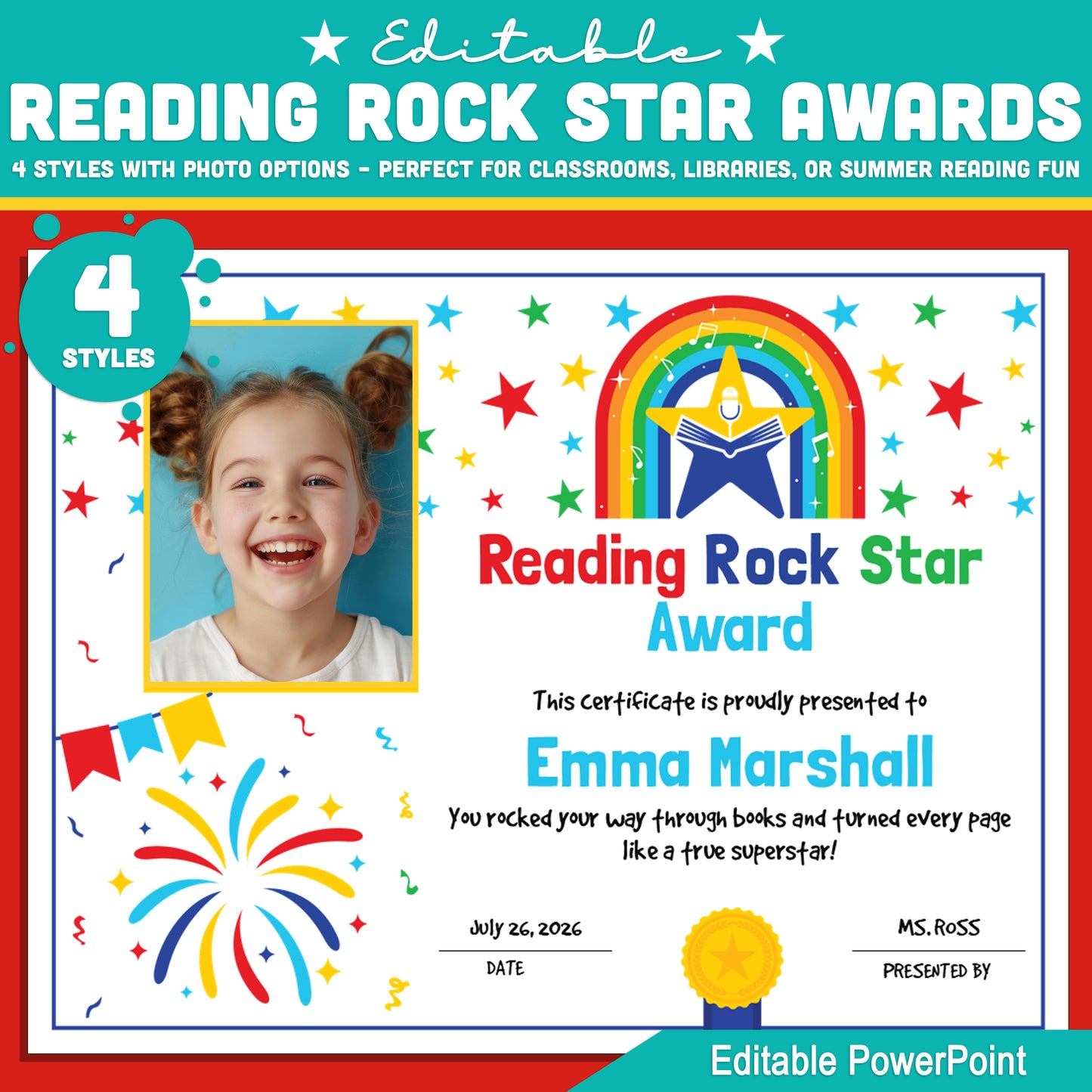 Editable Reading Rock Star Awards – 4 Fun Styles with Photo Options – Classroom, Library & Summer Reading Certificates, Instant Download