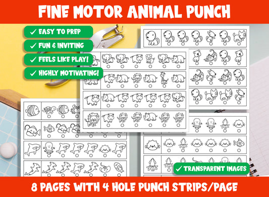 Fine Motor Animal Punch, Cute Animal Hole Punch Activities for Task Boxes & Tubs, 8 Pages, 4 Strips/Page, PDF File, Instant Download.