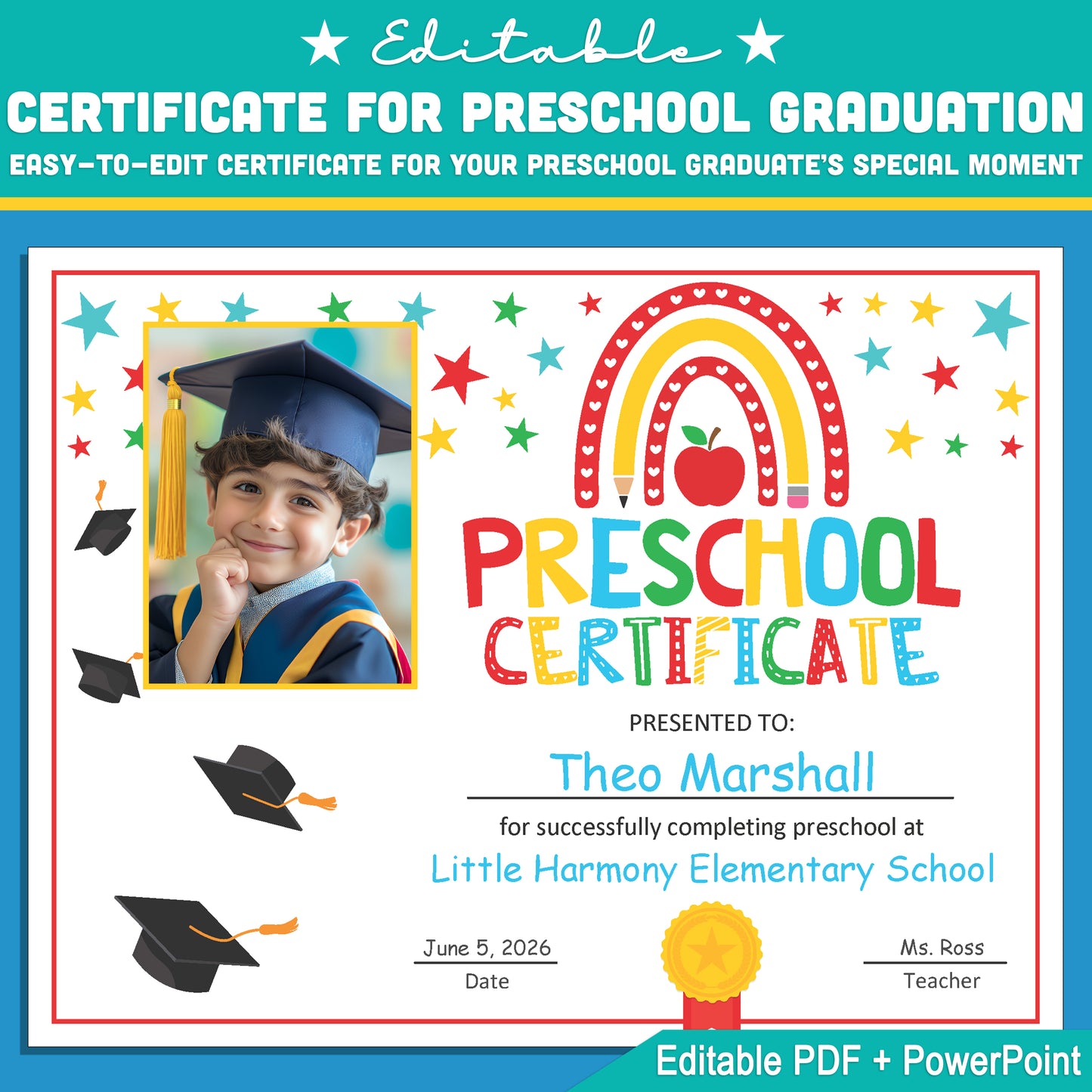 Personalized Preschool Moving Up Certificate with Student Photo – Rainbow Graduation Template Editable in PowerPoint, PDF Download for Teachers