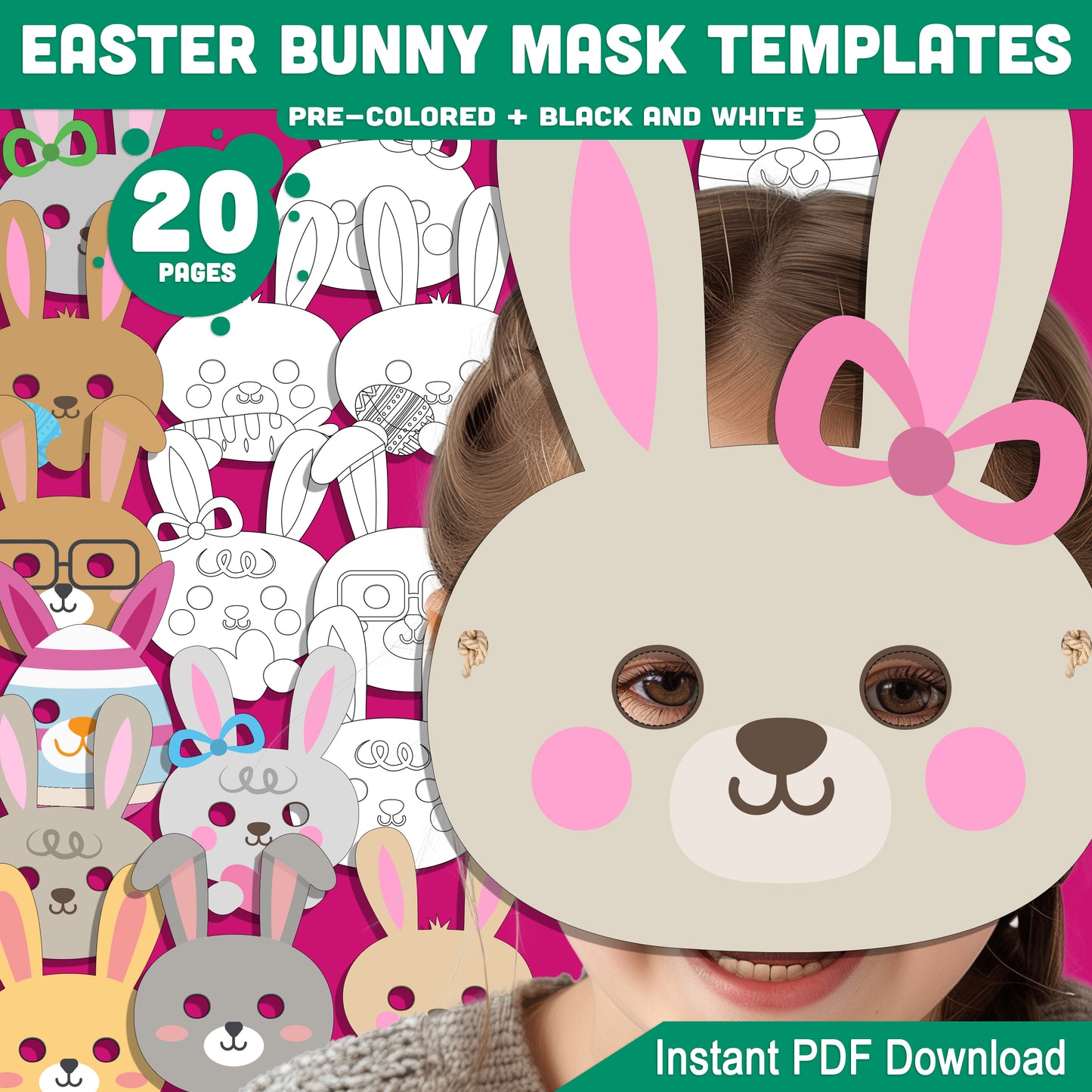 Easter Bunny Mask Printables: 20-Page DIY Craft Set for Kids, Pre-Colored & Black and White, Great for Costumes, Play, Spring Parties, Instant PDF Download