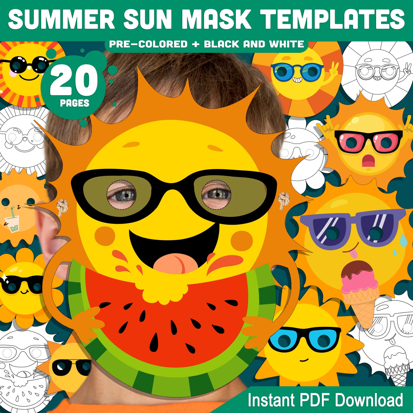 DIY Summer Sun Mask Templates: 20 Printable Pages, Pre-Colored + Black & White, Great for Kids' Crafts, Classroom, Dress-Up, and Party Fun