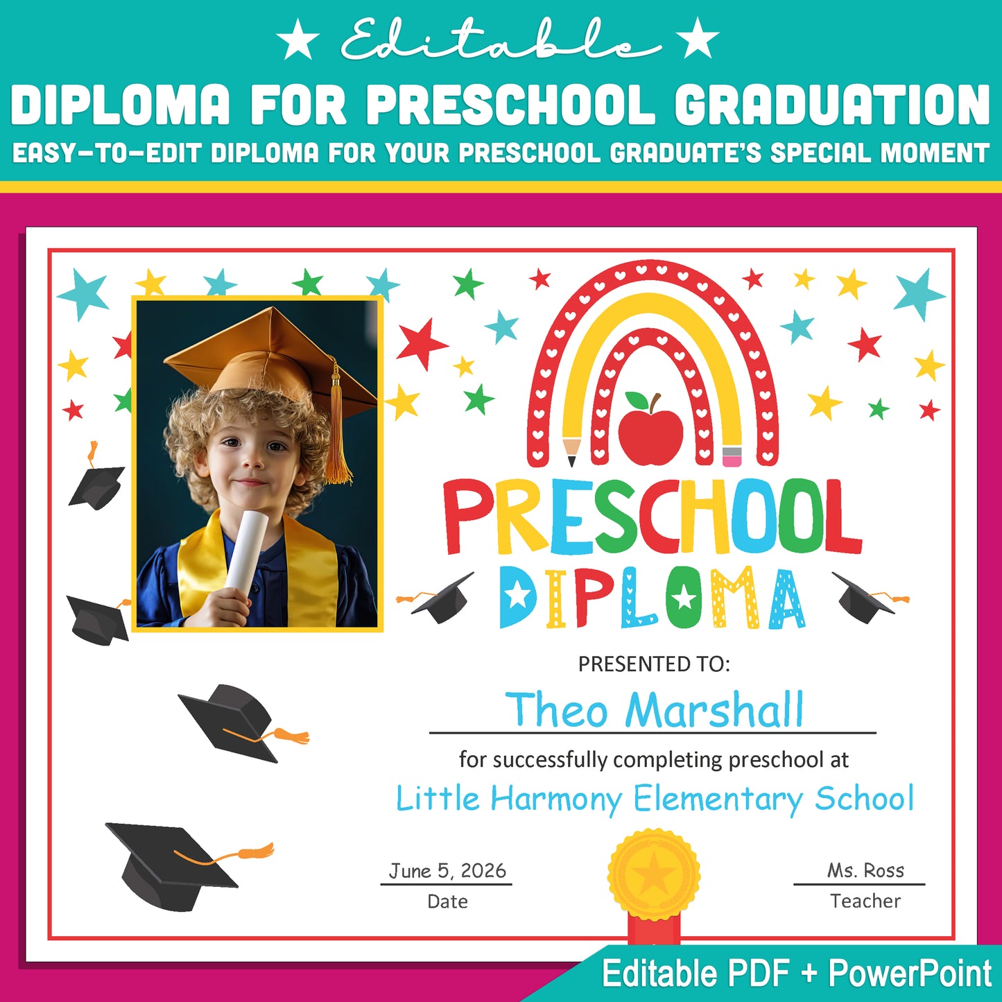 Rainbow Preschool Moving Up Diploma with Student Photo, Editable End of Year Graduation Template, PDF + PowerPoint Format, Easy Download