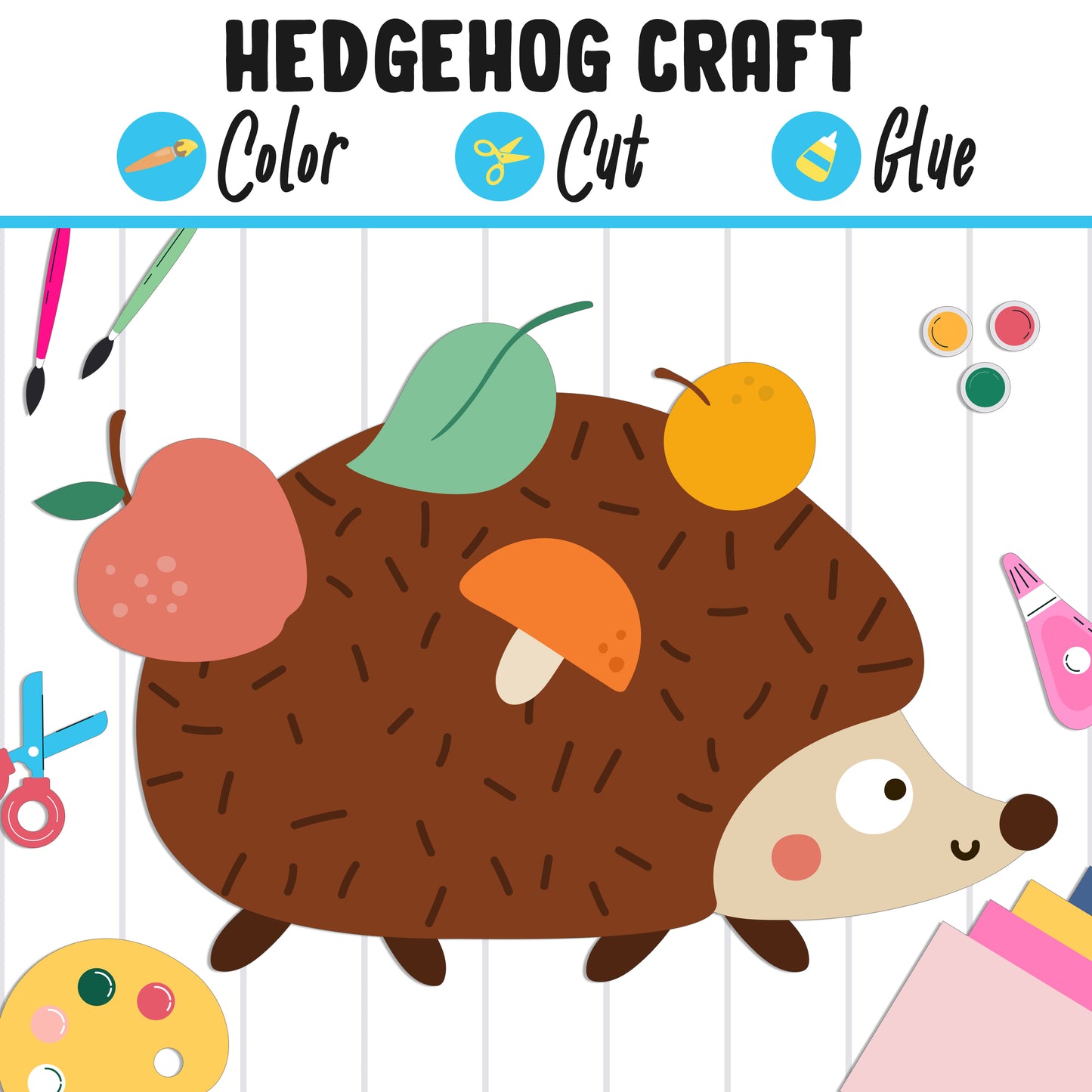 Hedgehog Craft Activity: Color, Cut, and Glue, Fun for PreK to 2nd Grade, PDF Instant Download