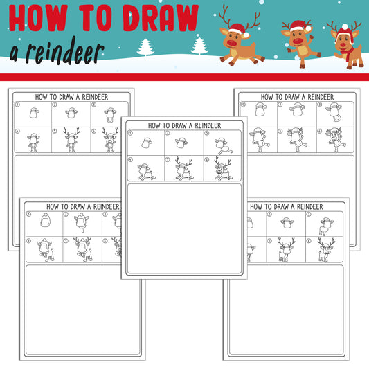 Learn How to Draw a Reindeer: Directed Drawing Step by Step Tutorial, Includes 5 Coloring Pages, PDF File, Instant Download.