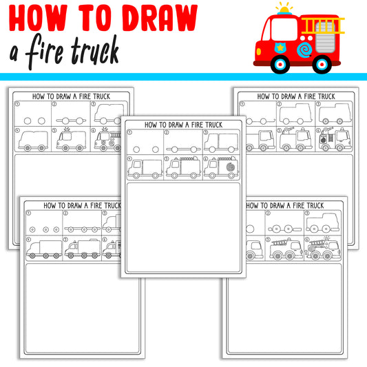How To Draw a Fire Truck, Directed Drawing Step by Step Tutorial, Includes 5 Coloring Pages, PDF File, Instant Download