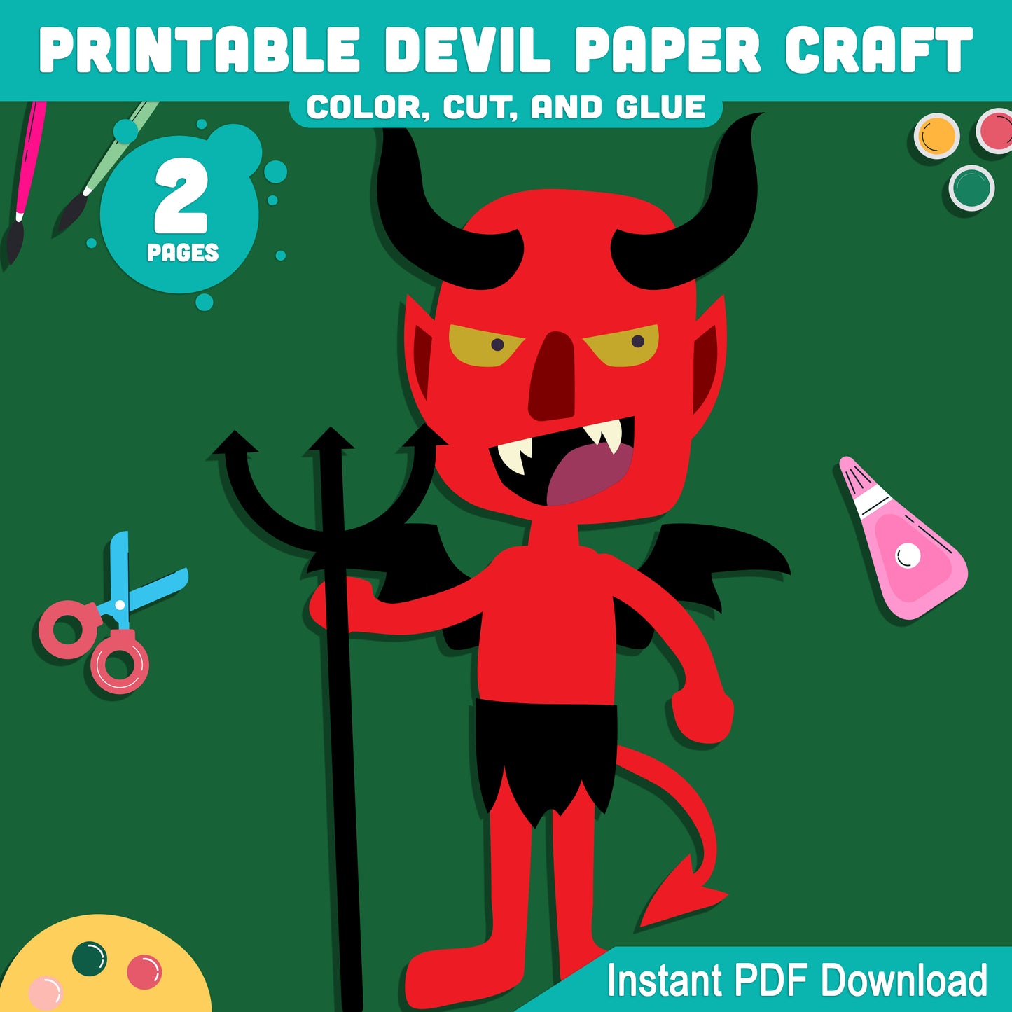 Printable Devil Paper Craft for Kids, Easy Halloween Cut and Glue Project, Preschool, Pre-K, Kindergarten, Fall Classroom Craft, 2 Pages PDF