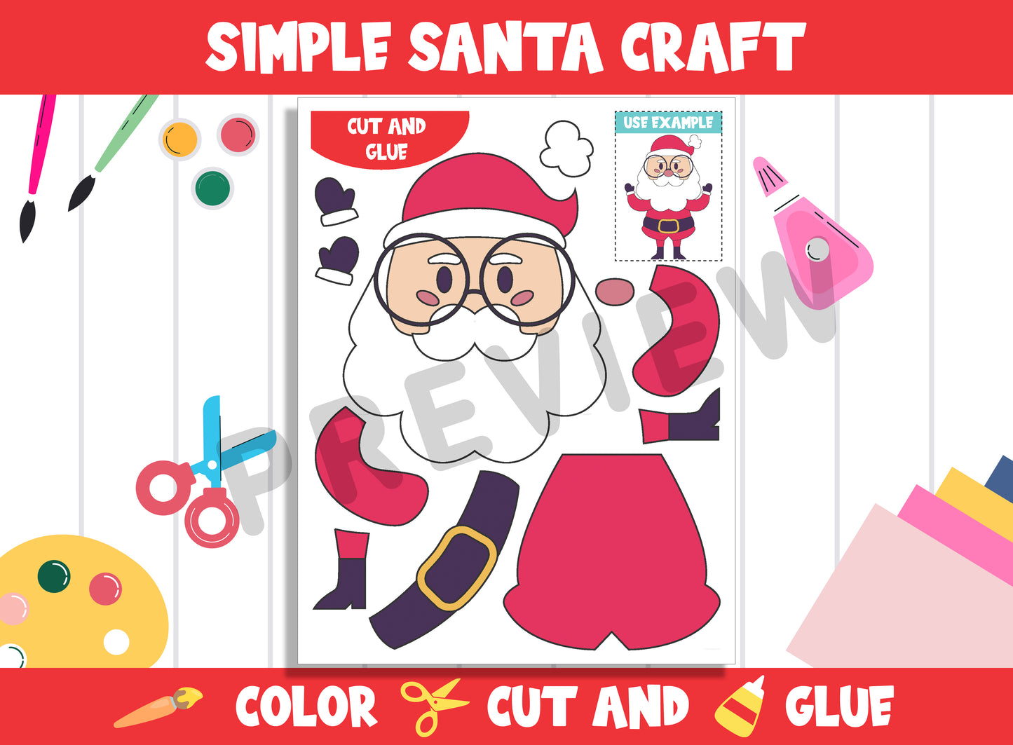 Simple Santa & Christmas Craft Activity - Color, Cut, and Glue for PreK to 2nd