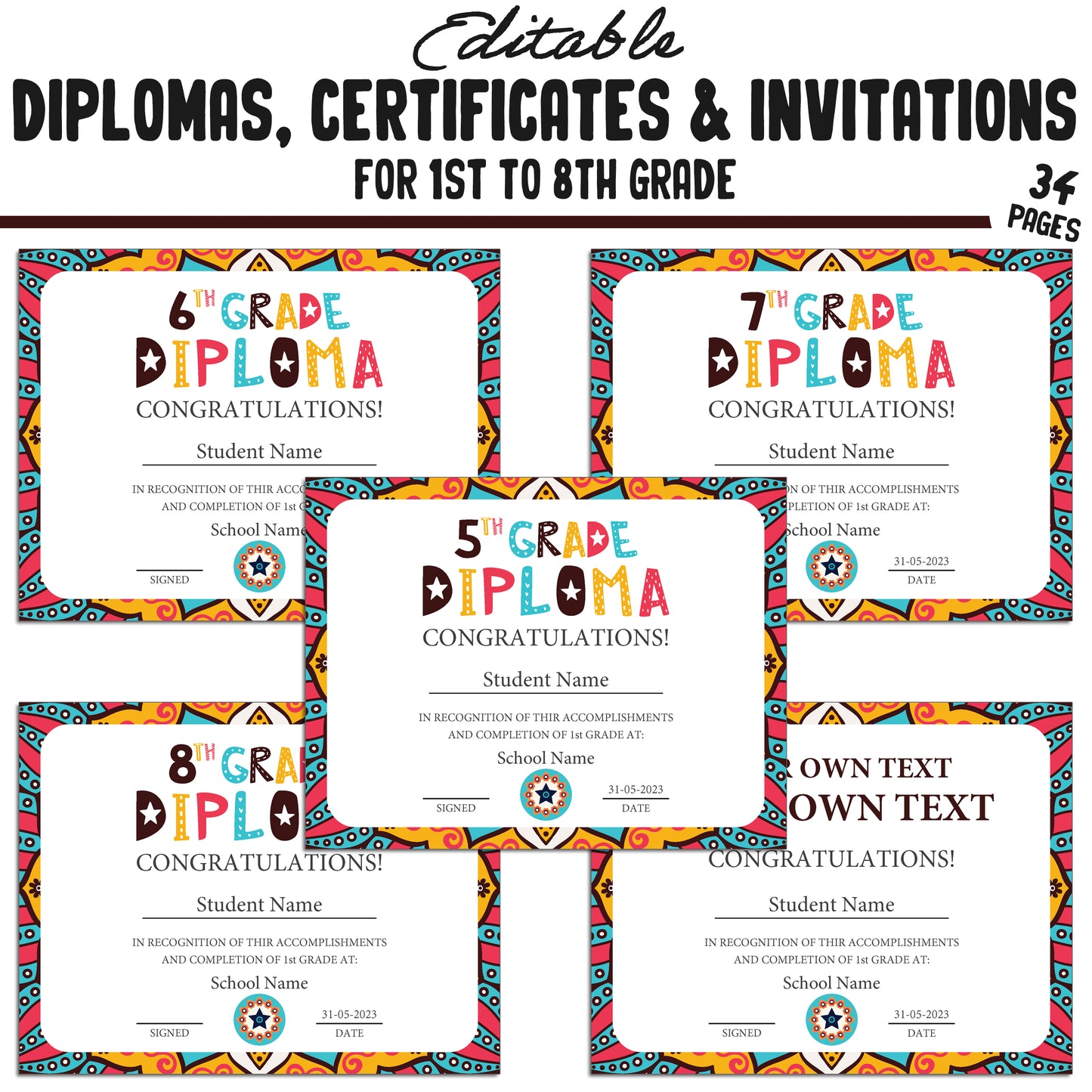 Printable 8th Grade Diplomas, Editable 1st-8th Grade Certificates, Invitation Templates in Tribal Mandala Design, 34 Pages, Instant Download