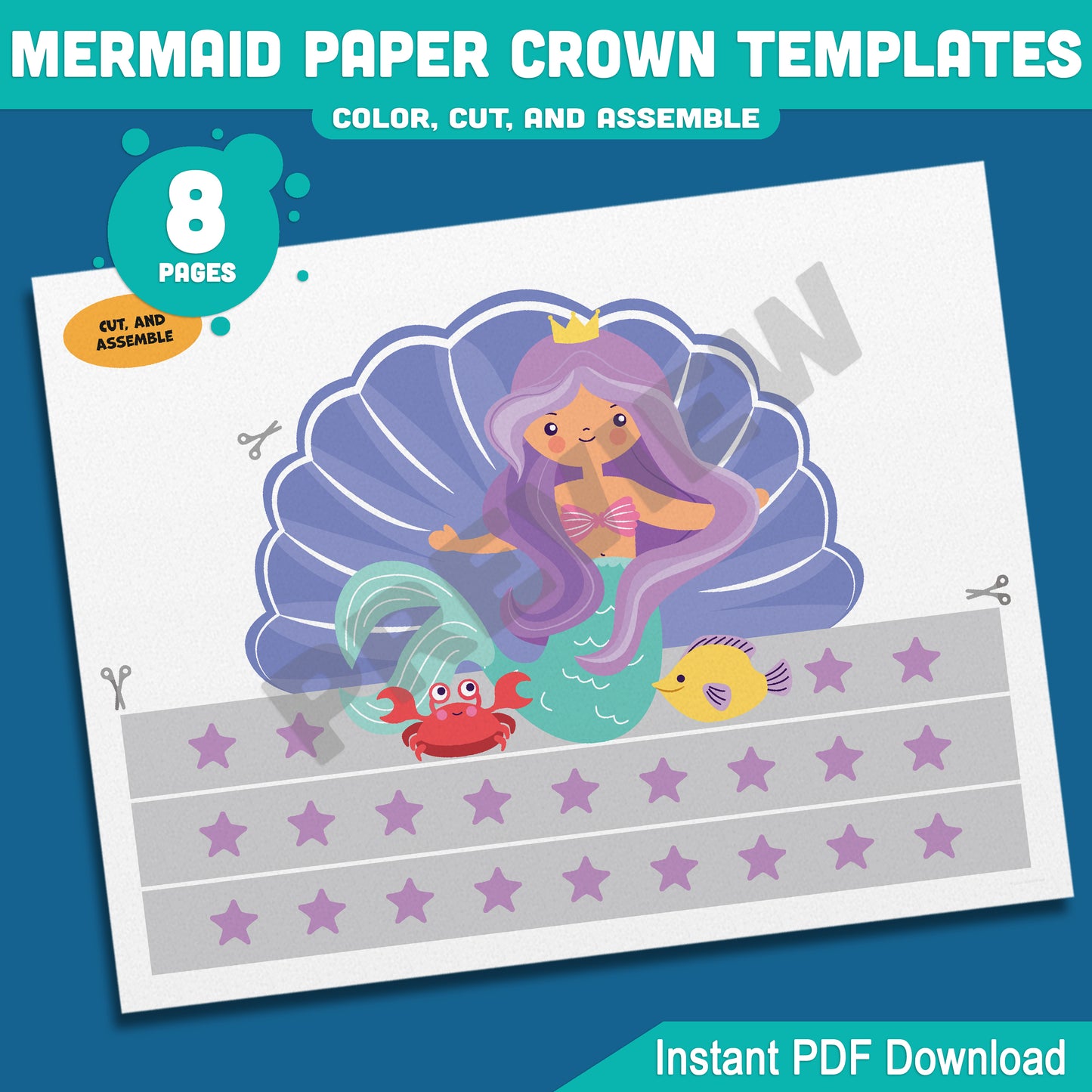 Mermaid Paper Crown, Hat, and Headband Craft for Kids – Fun Printable Designs in Color & Black and White, Instant 8-Page PDF Download