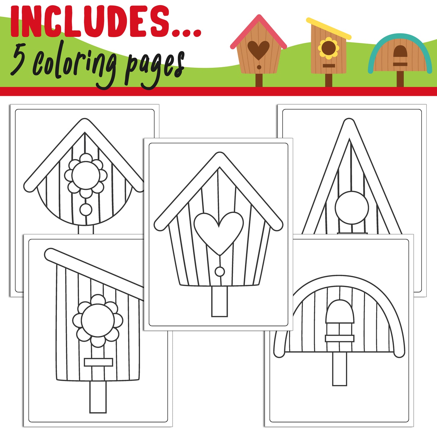 Learn How to Draw a Birdhouse: Directed Drawing Step by Step Tutorial, Includes 5 Coloring Pages, PDF File, Instant Download.