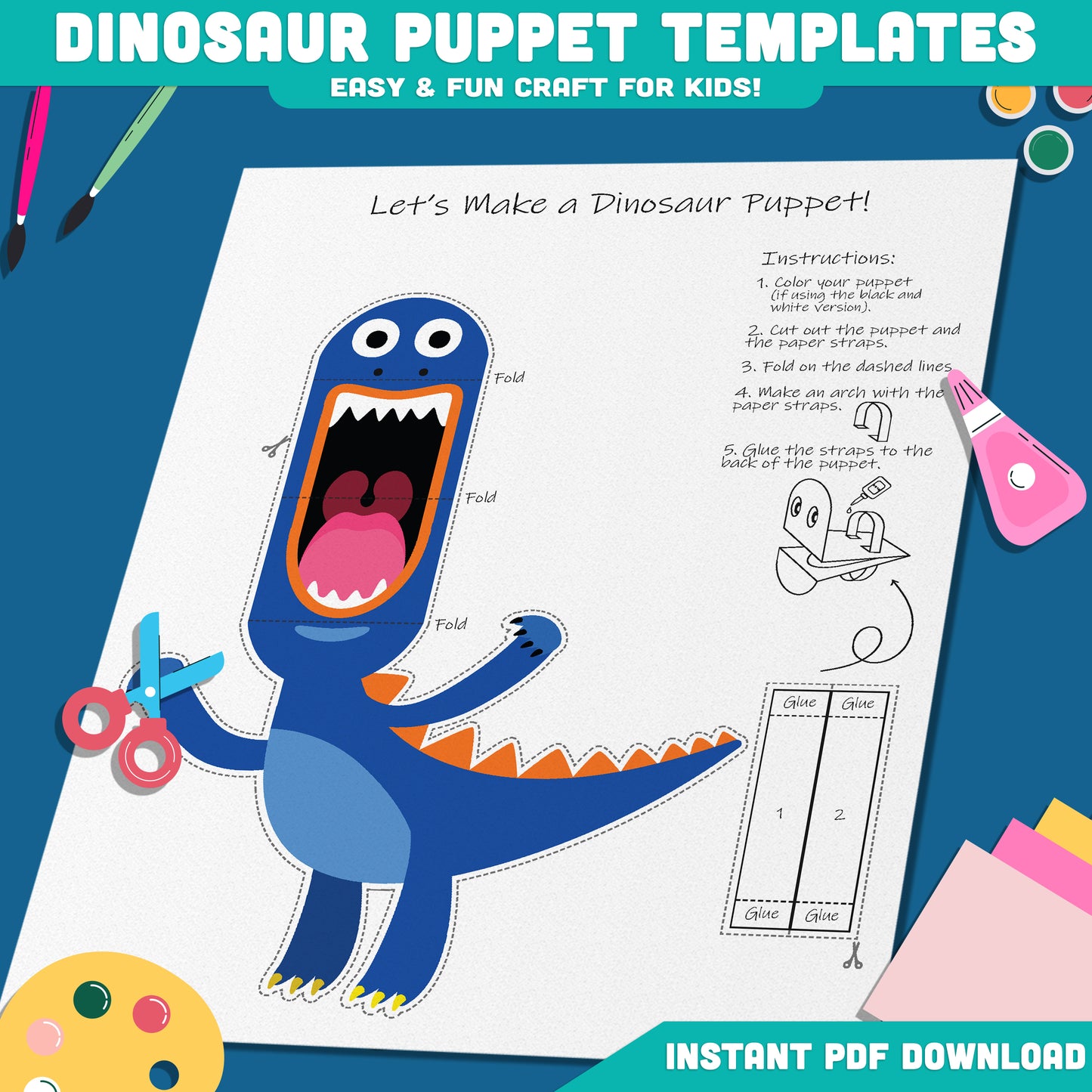 Dinosaur Paper Puppet Templates: 20-Page Fun Printable Craft for Kids, Pre-Colored & B/W, Perfect for Imaginative Play, Easy to Cut & Assemble, Instant PDF Download