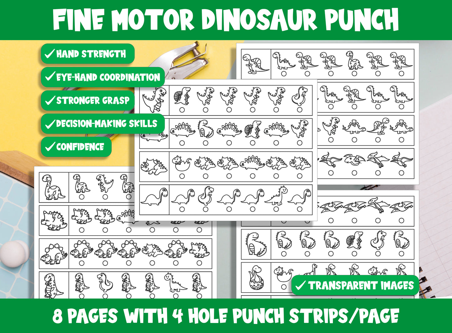 Fine Motor Dinosaur Punch, Cute Dino Hole Punch Activities for Task Boxes & Tubs, 8 Pages, 4 Strips/Page, PDF File, Instant Download.