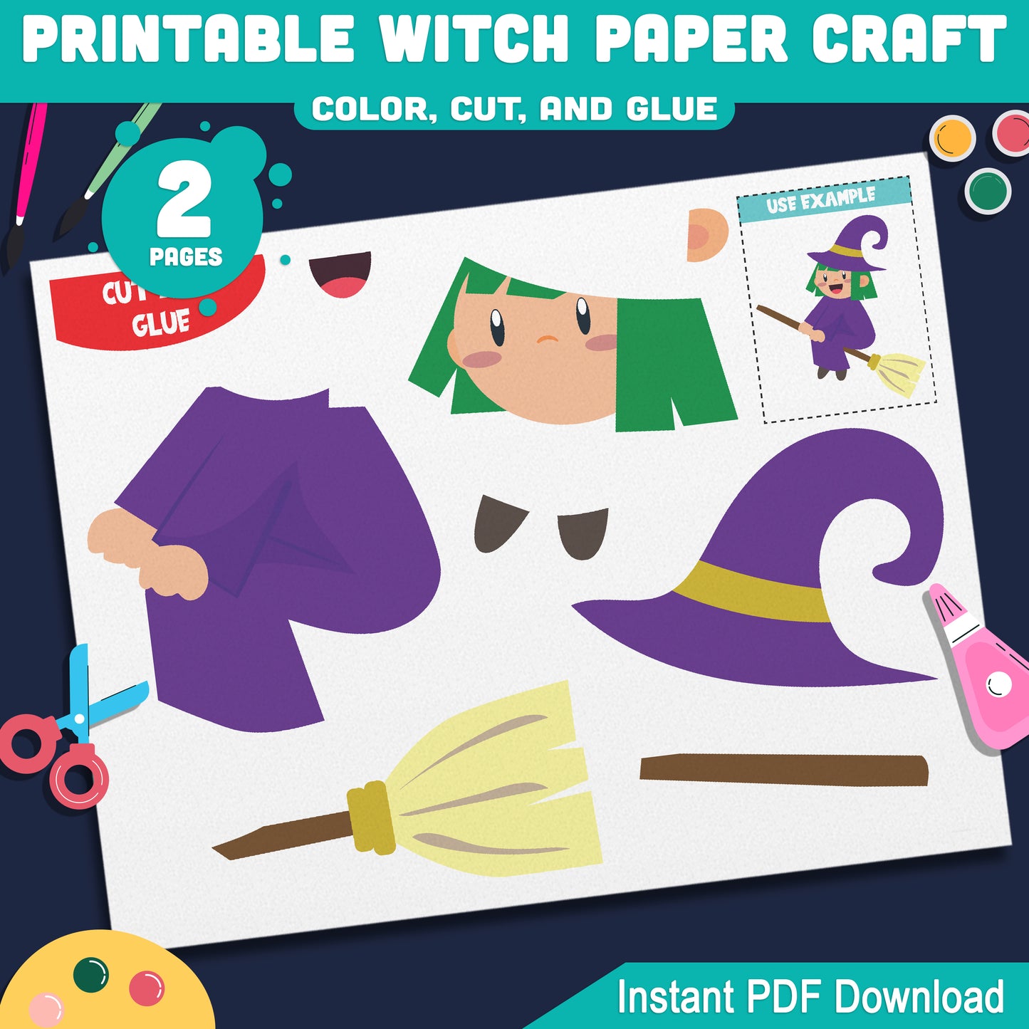 Printable Witch Paper Craft – Easy Color, Cut & Glue Halloween Activity for Preschool, Pre-K, Kindergarten, Perfect for Fine Motor Skills Practice