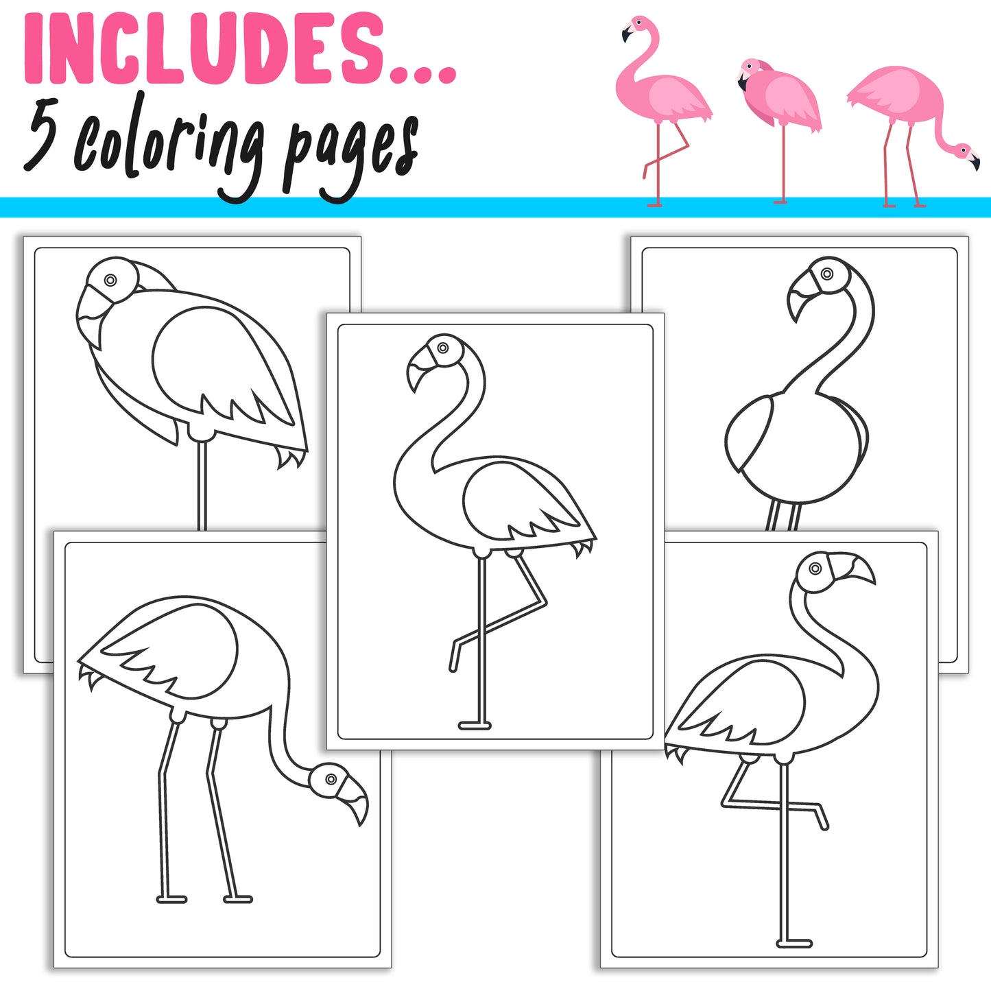 How To Draw a Cute Flamingo, Directed Drawing Step by Step Tutorial, Includes 5 Coloring Pages, PDF File, Instant Download